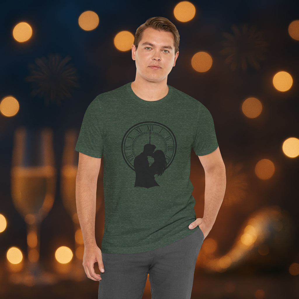 Midnight Kiss New Year’s Eve T-Shirt – Romantic Clock Silhouette Celebration Tee