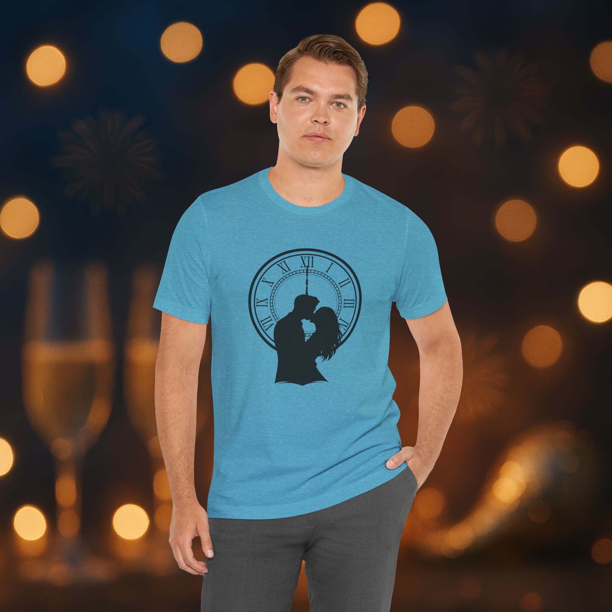 Midnight Kiss New Year’s Eve T-Shirt – Romantic Clock Silhouette Celebration Tee