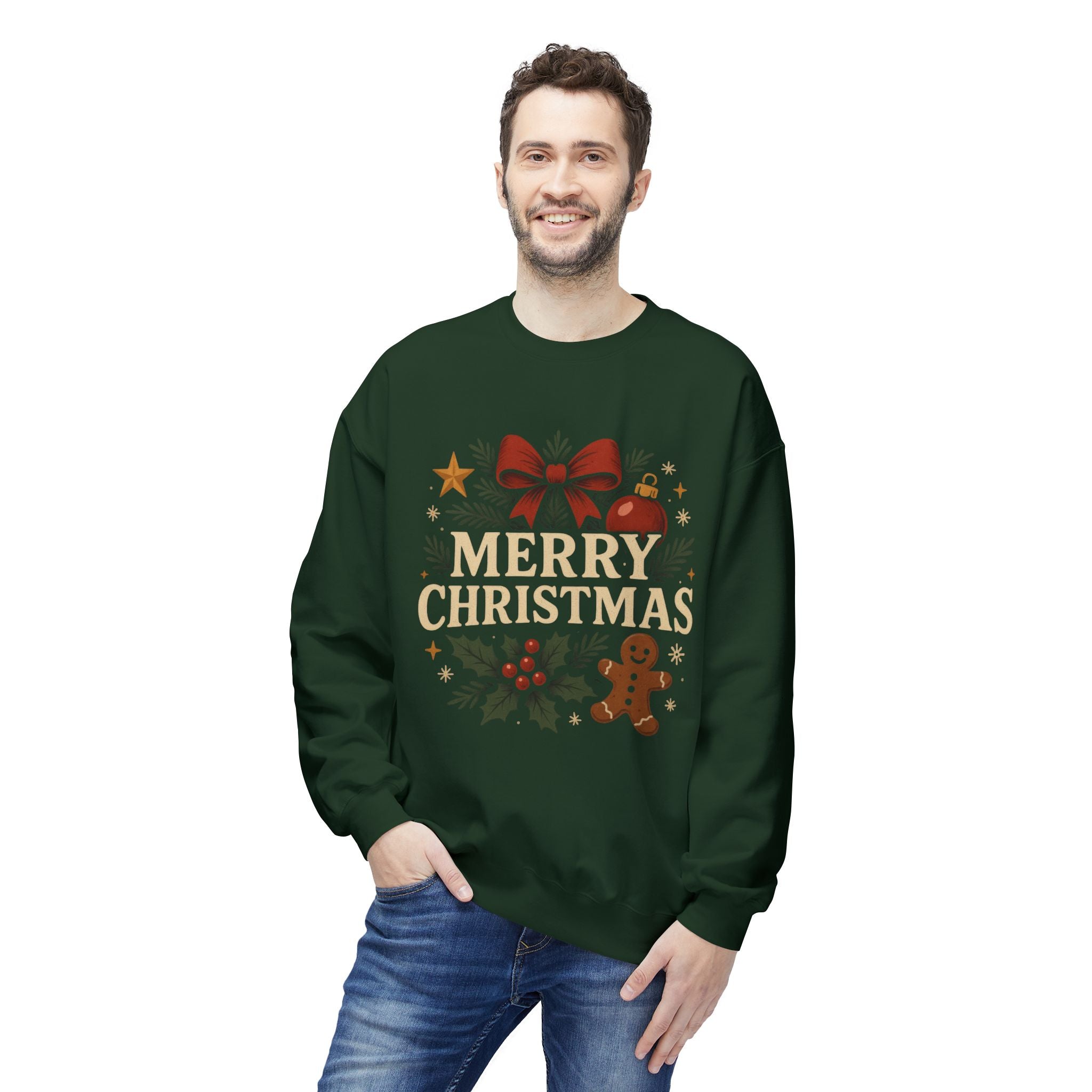 Classic Merry Christmas Sweatshirt – Cozy Holiday Gingerbread & Holly Design