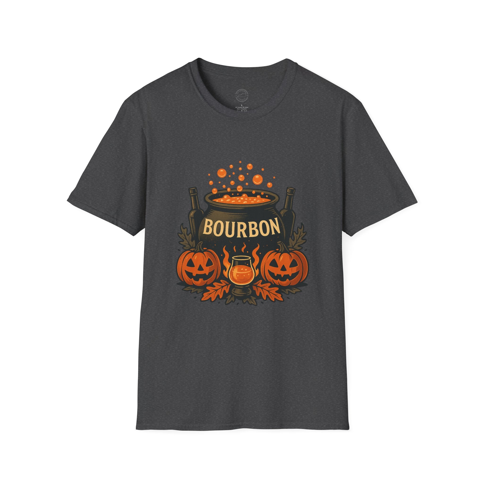 Halloween Bourbon Cauldron T-Shirt – Spooky Pumpkin & Whiskey Glass Design
