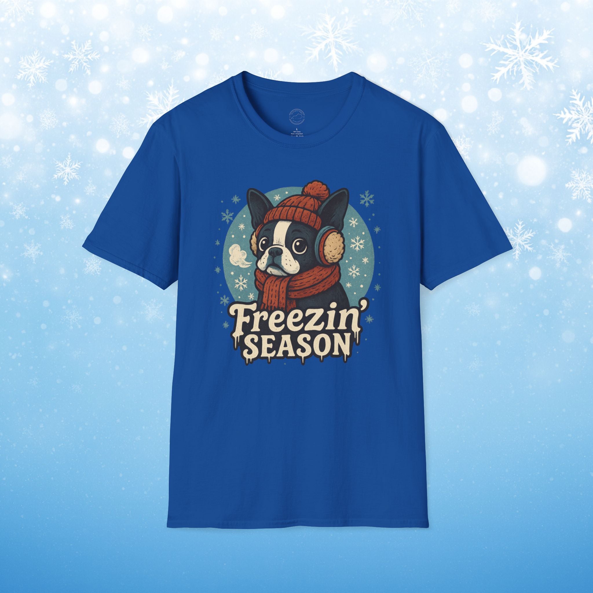 Freezin’ Season Boston Terrier Winter T-Shirt – Cute Dog Lover Tee, Cozy Holiday Graphic Shirt