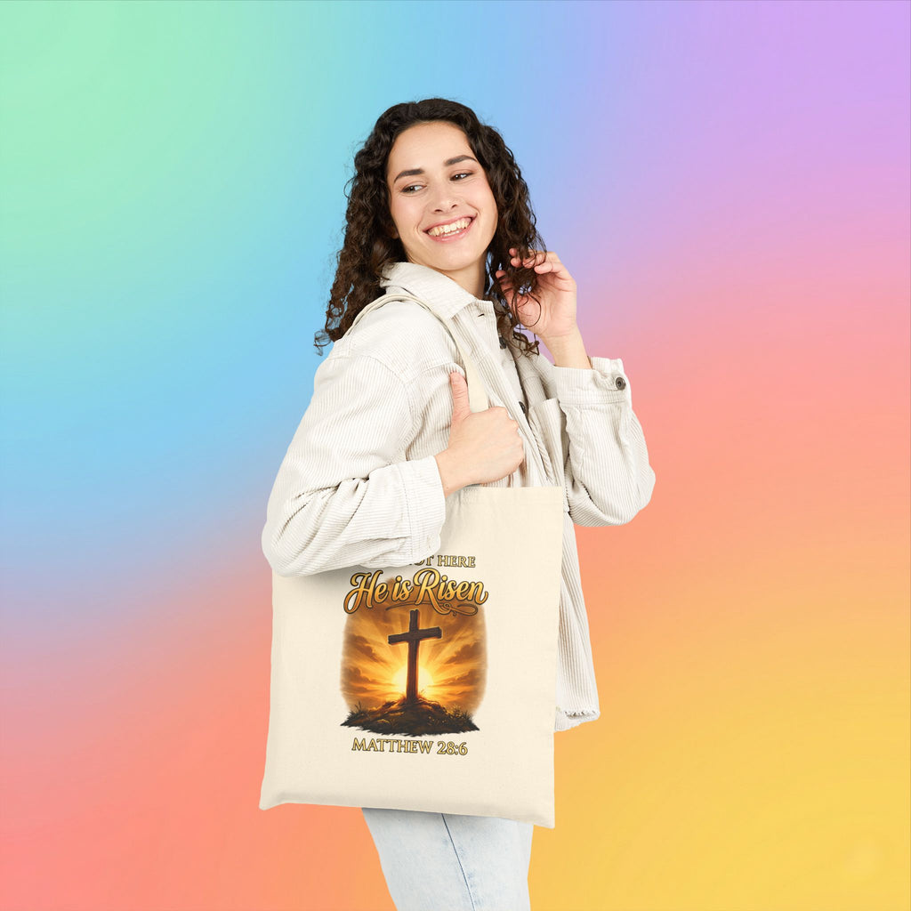 Christian Easter Tote Bag – He Is Risen Matthew 28:6 Cotton Canvas Bag Religious Cross Faith Gift