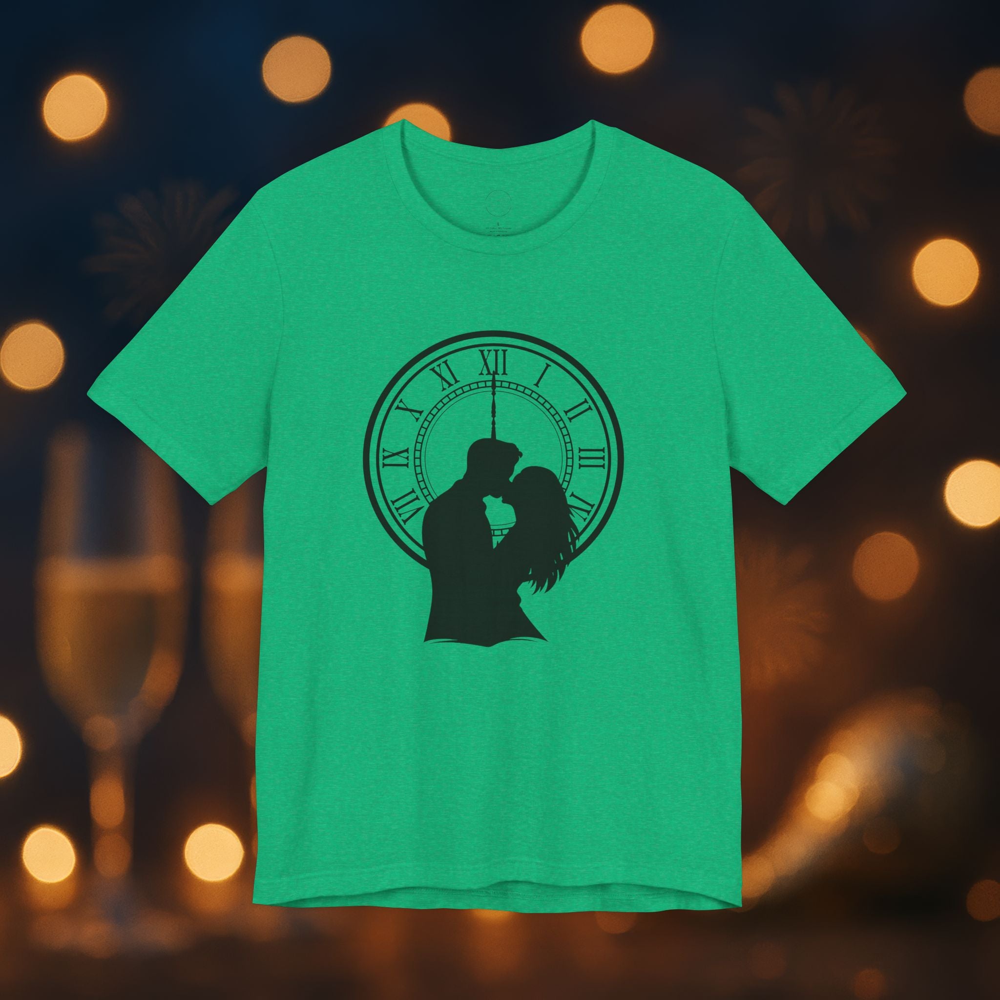 Midnight Kiss New Year’s Eve T-Shirt – Romantic Clock Silhouette Celebration Tee