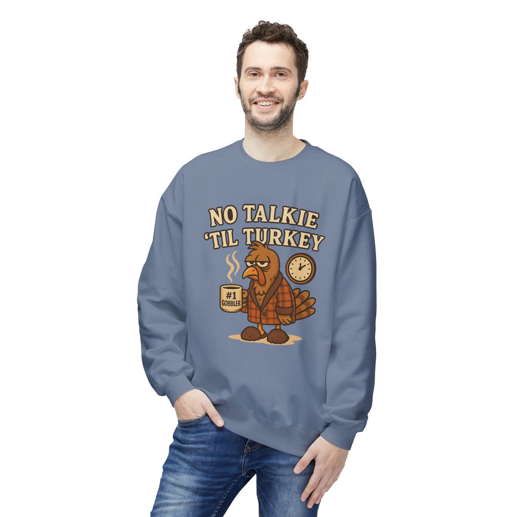 “No Talkie ‘Til Turkey” Funny Thanksgiving Coffee Sweatshirt