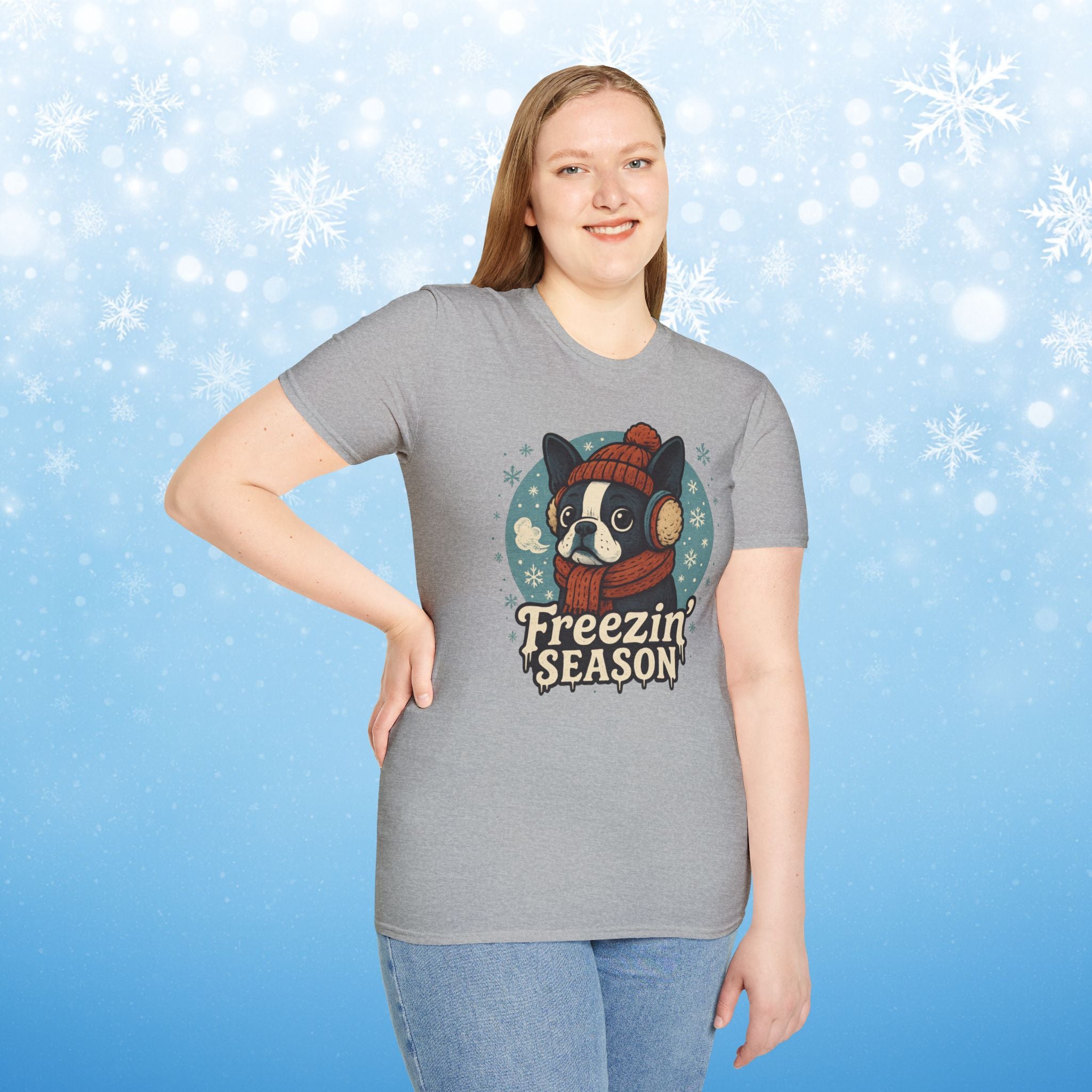 Freezin’ Season Boston Terrier Winter T-Shirt – Cute Dog Lover Tee, Cozy Holiday Graphic Shirt
