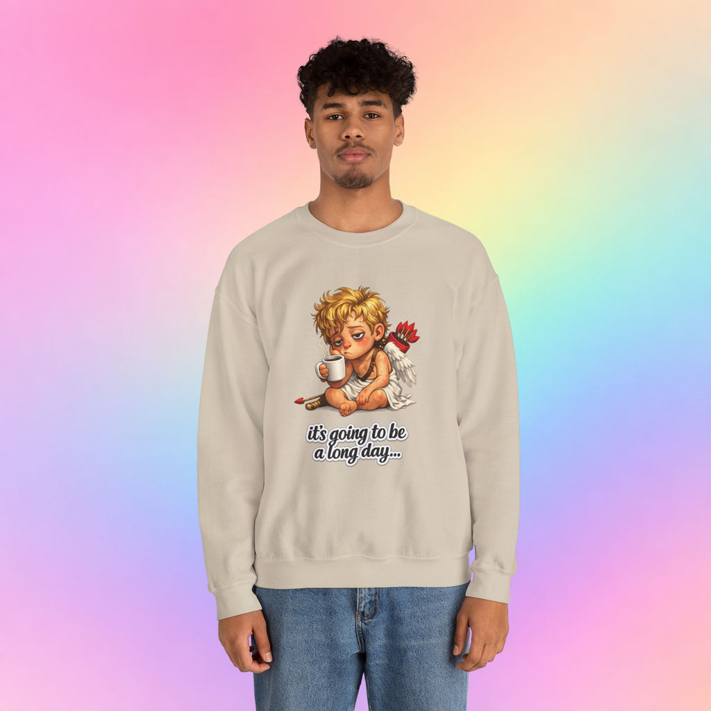 It’s Going to Be a Long Day Cupid Valentine’s Day Sweatshirt – Funny Coffee Angel Pullover