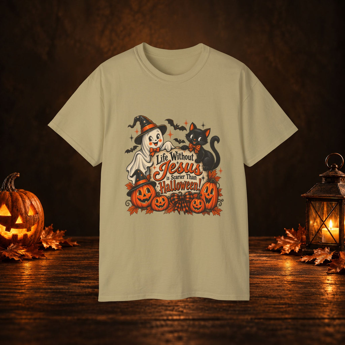 Halloween Christian T-Shirt — “Life Without Jesus Is Scary” Pumpkin & Cat Tee