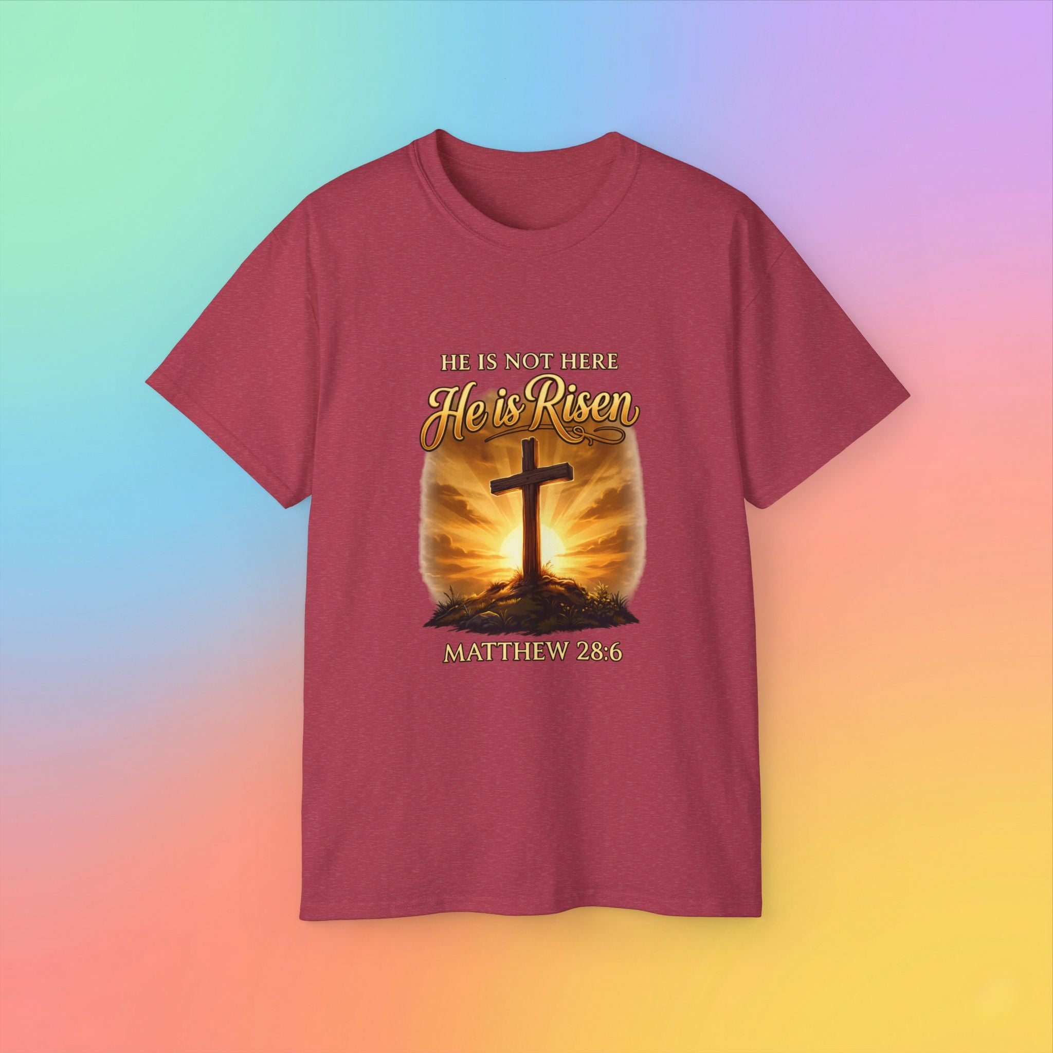 Christian Easter Shirt – He Is Risen Matthew 28:6 Cross Resurrection T-Shirt Faith-Based Easter Apparel