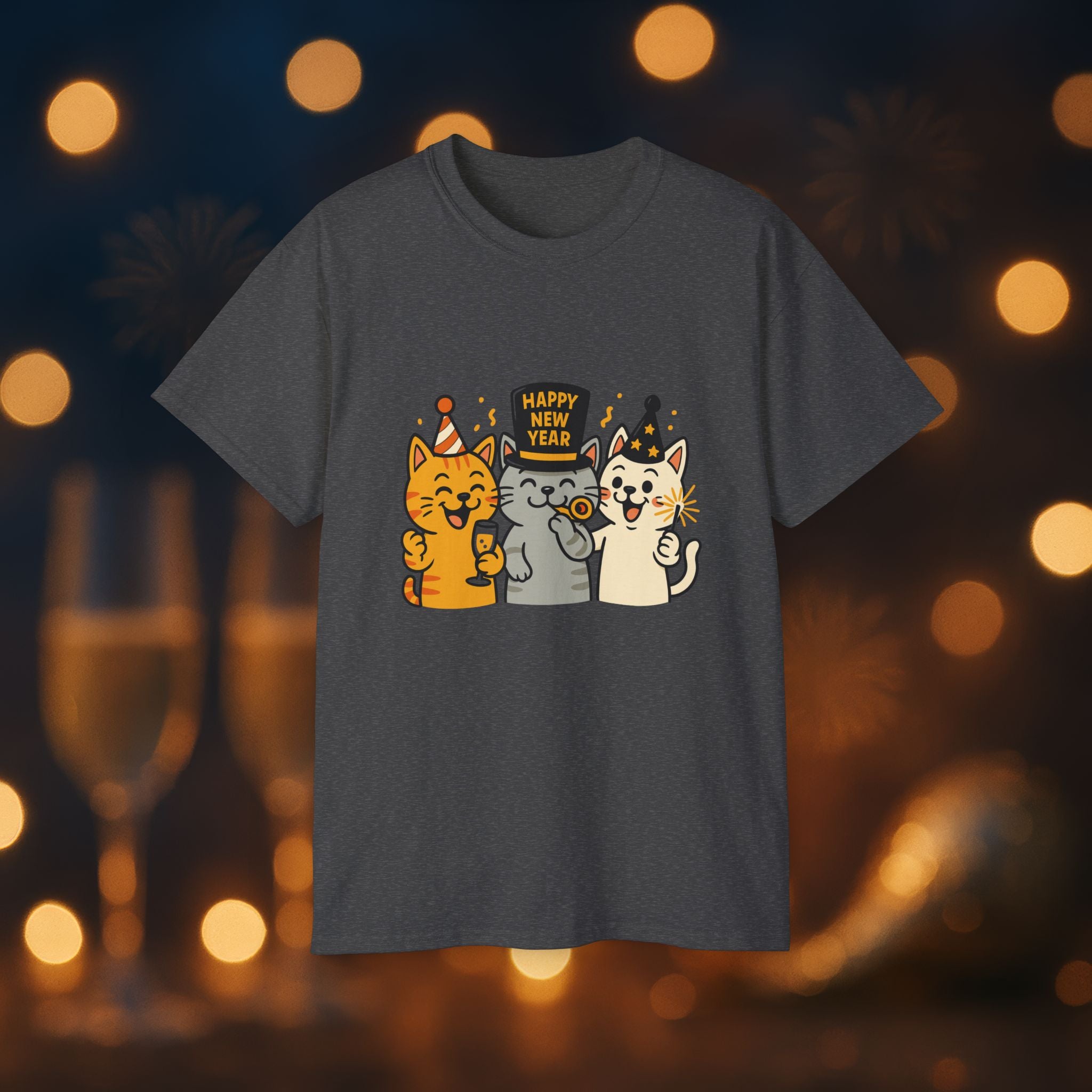 Happy New Year Cats T-Shirt – Cute Party Cats Tee | New Year’s Eve Cat Lover Shirt