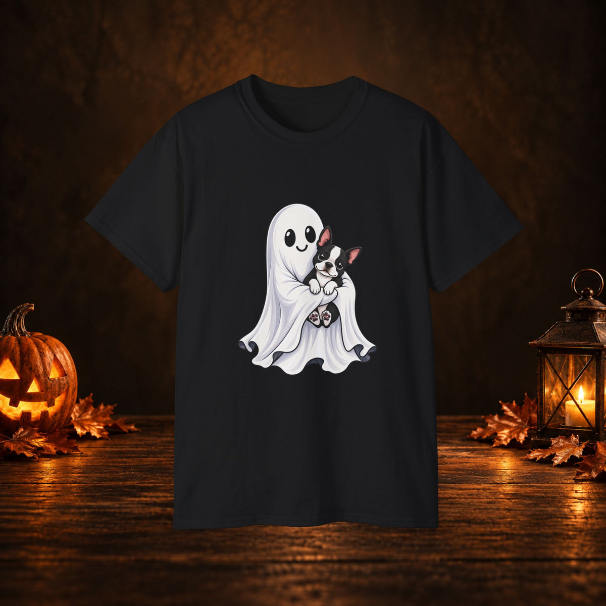 Cute Ghost & Boston Terrier Halloween T‑Shirt