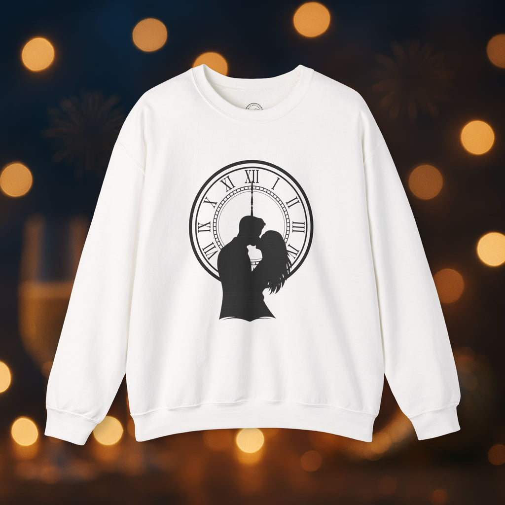 Midnight Kiss New Year’s Eve Sweatshirt – Romantic Clock Silhouette Celebration Crewneck