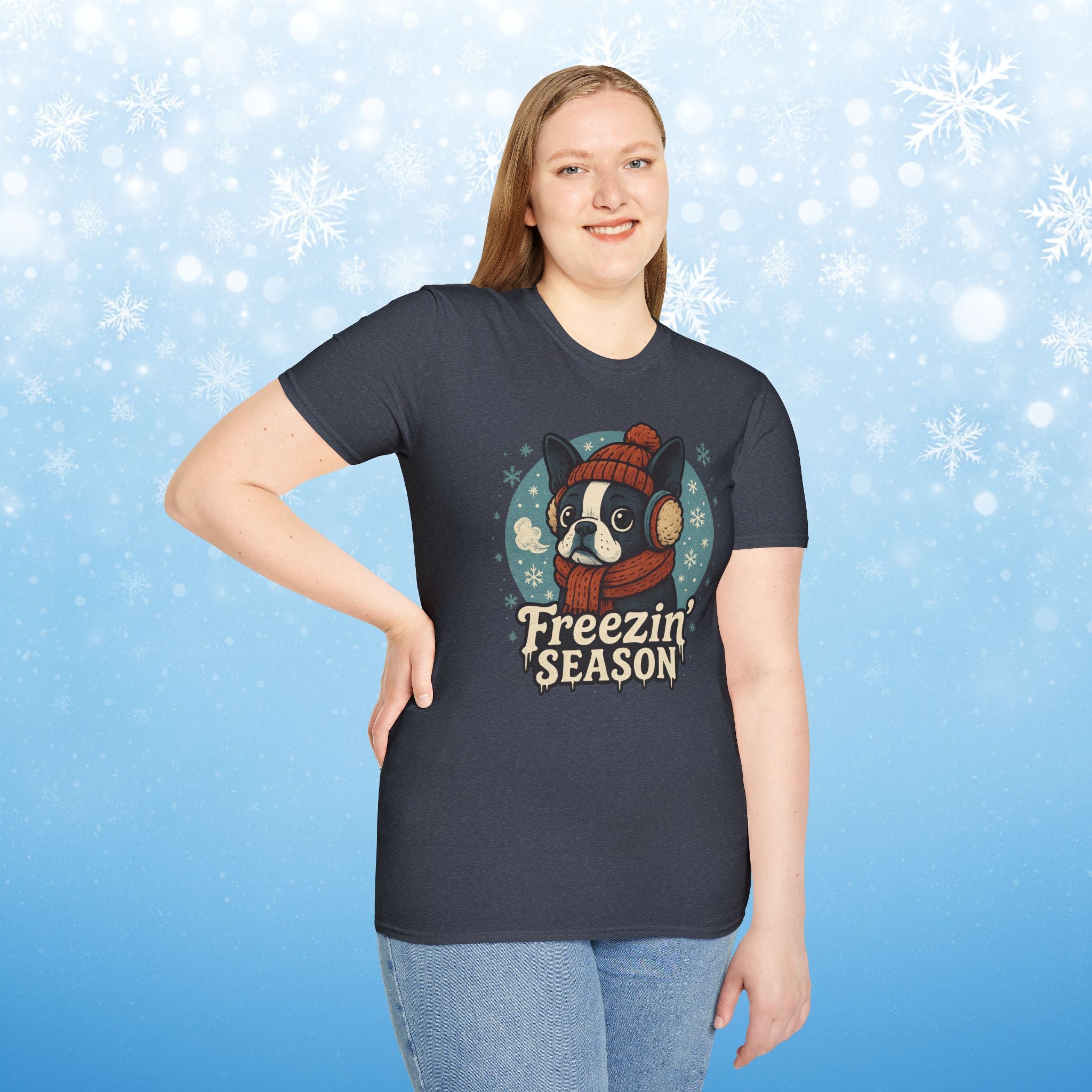 Freezin’ Season Boston Terrier Winter T-Shirt – Cute Dog Lover Tee, Cozy Holiday Graphic Shirt