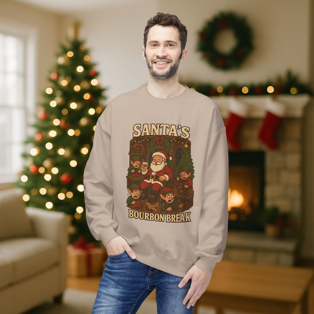 Santa’s Bourbon Break Christmas Sweatshirt – Funny Bourbon Lover Holiday Crewneck for Kentucky Bourbon Fans & Festive Christmas Gift