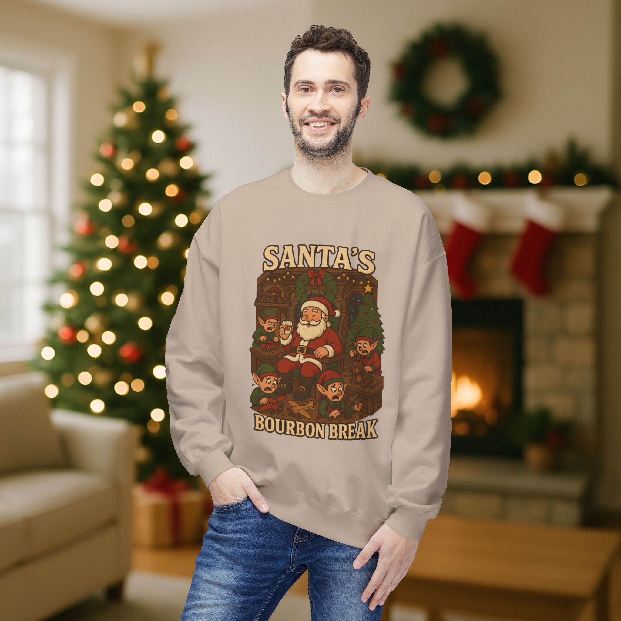 Santa’s Bourbon Break Christmas Sweatshirt – Funny Bourbon Lover Holiday Crewneck for Kentucky Bourbon Fans & Festive Christmas Gift