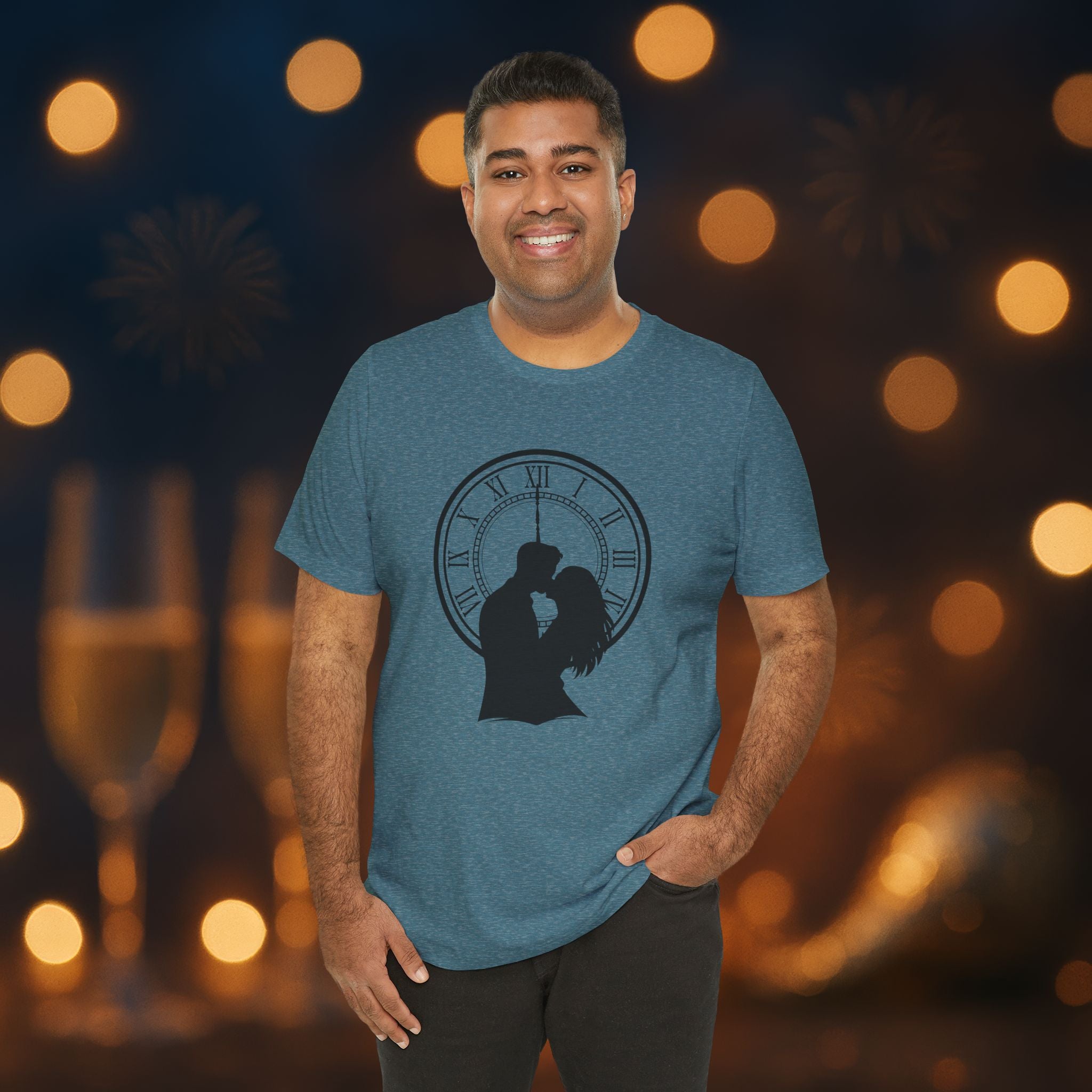 Midnight Kiss New Year’s Eve T-Shirt – Romantic Clock Silhouette Celebration Tee