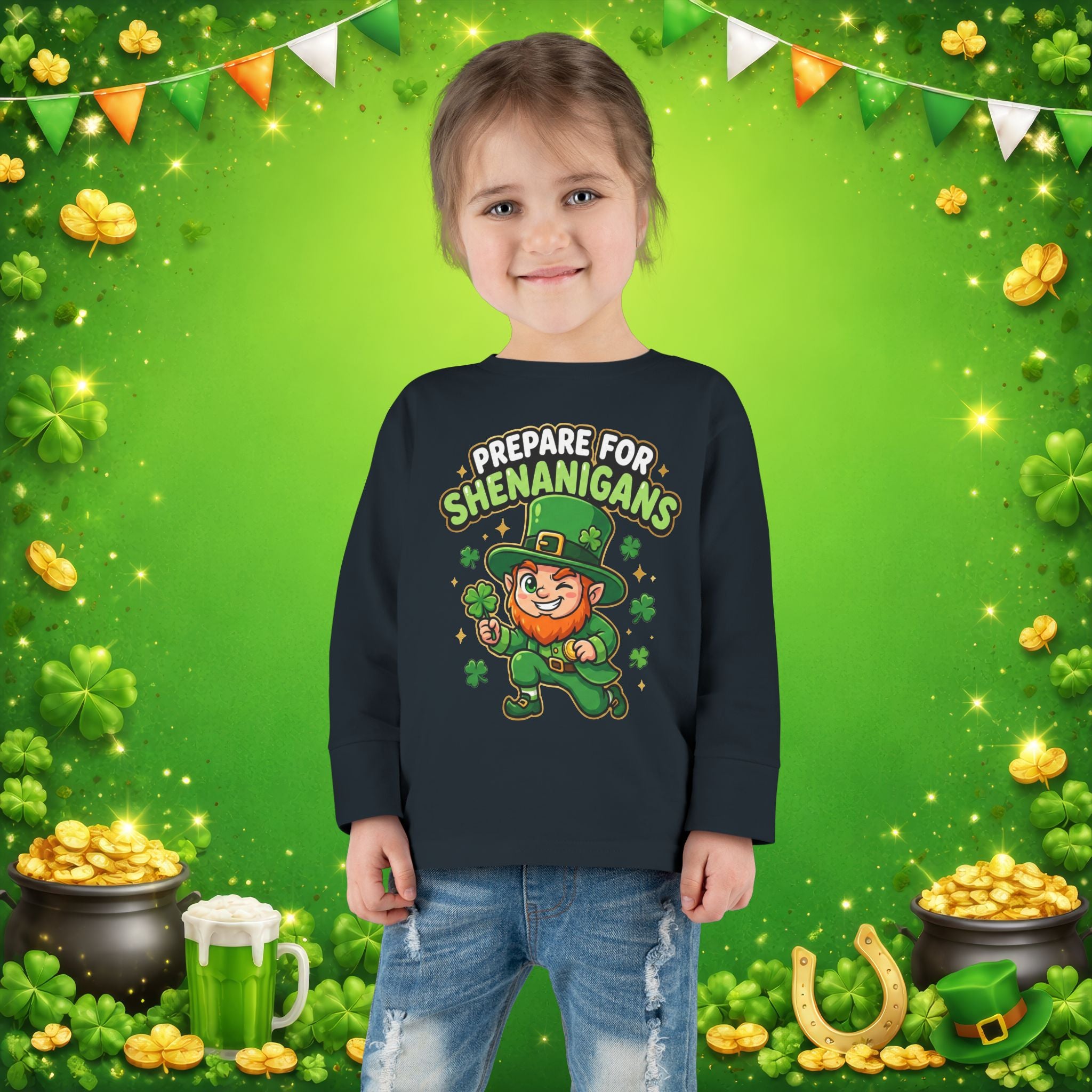 Prepare For Shenanigans Toddler Long Sleeve Shirt – Funny St. Patrick’s Day Leprechaun Tee for Kids