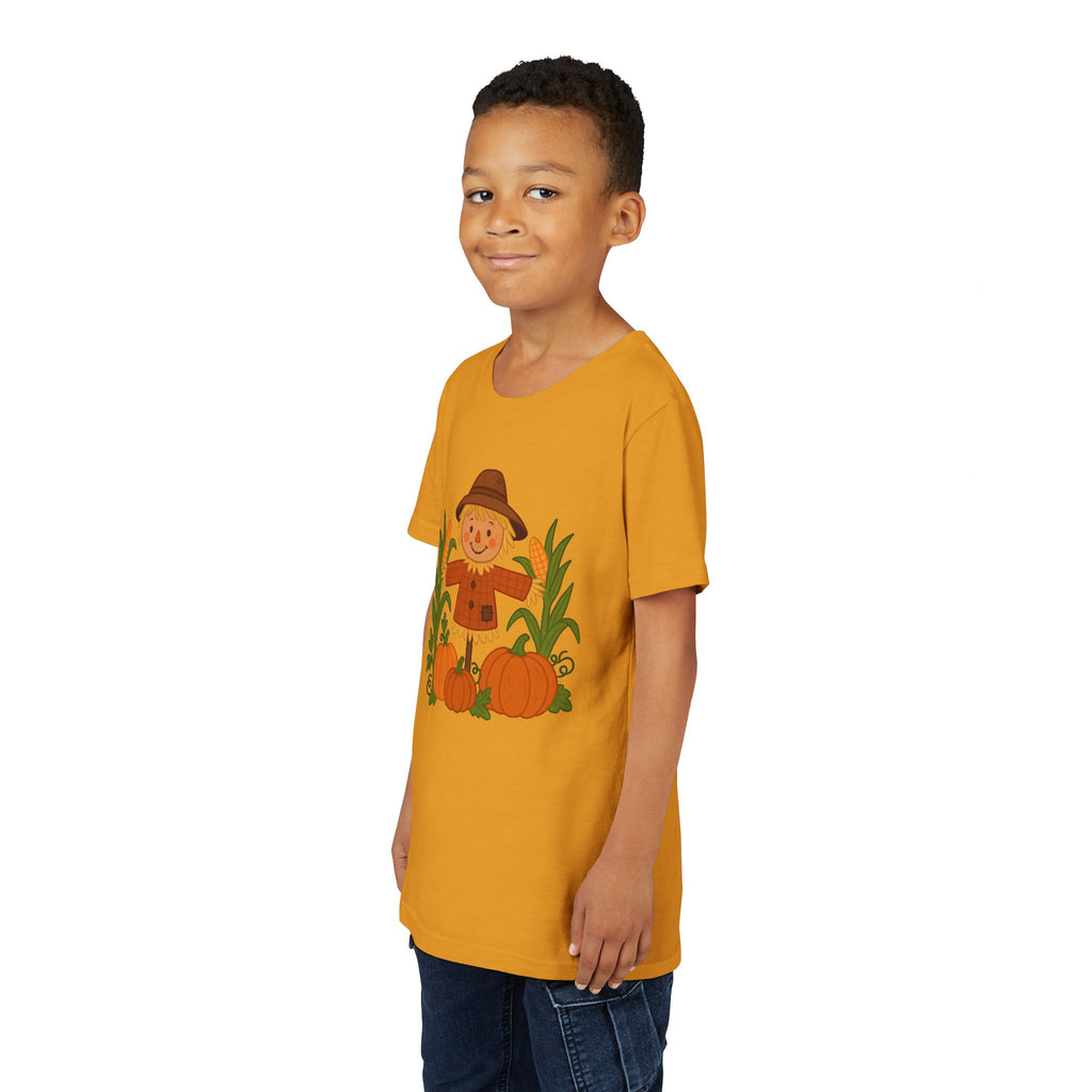 🍂 Cute Fall Scarecrow Kids T-Shirt – Autumn Pumpkins & Corn Patch Design