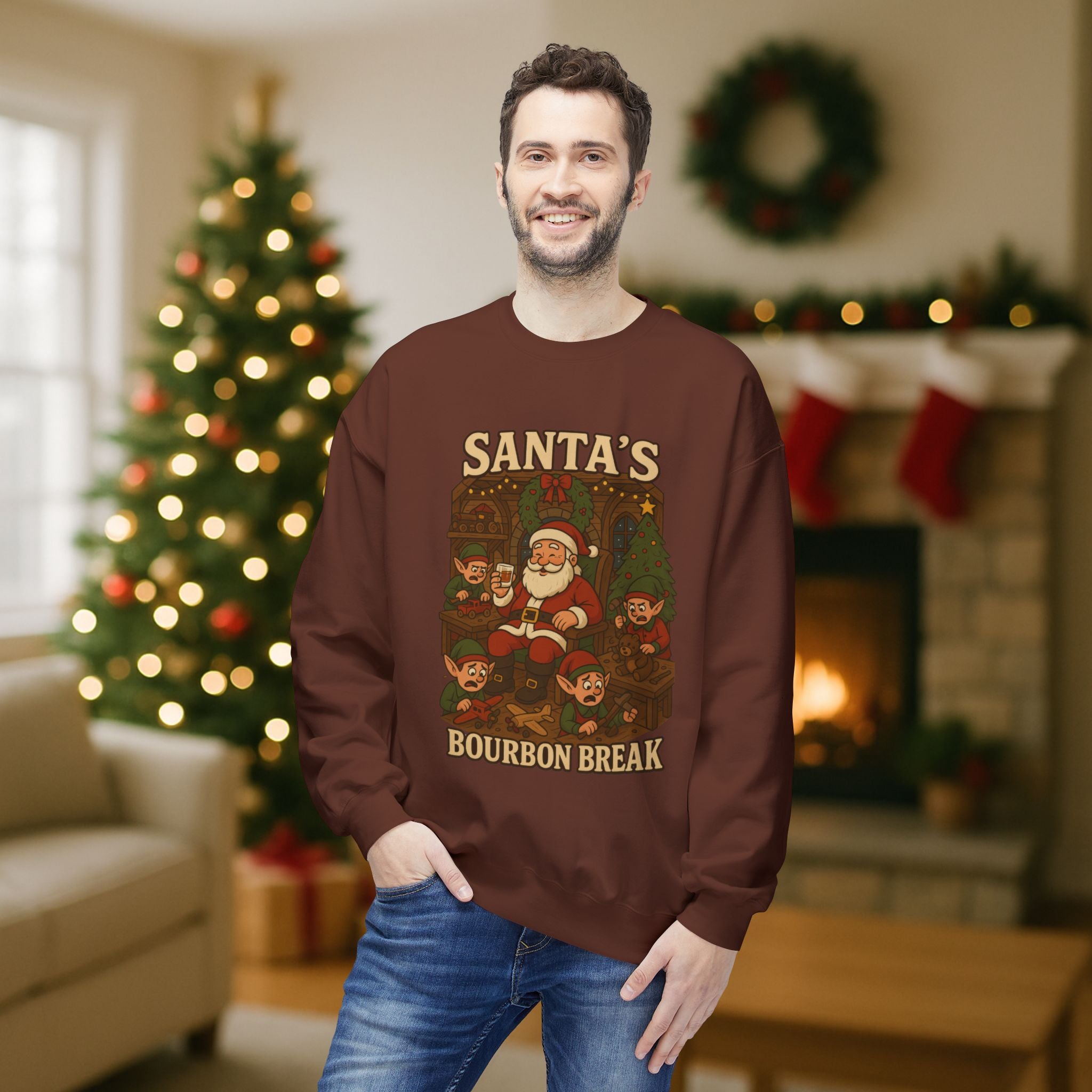 Santa’s Bourbon Break Christmas Sweatshirt – Funny Bourbon Lover Holiday Crewneck for Kentucky Bourbon Fans & Festive Christmas Gift
