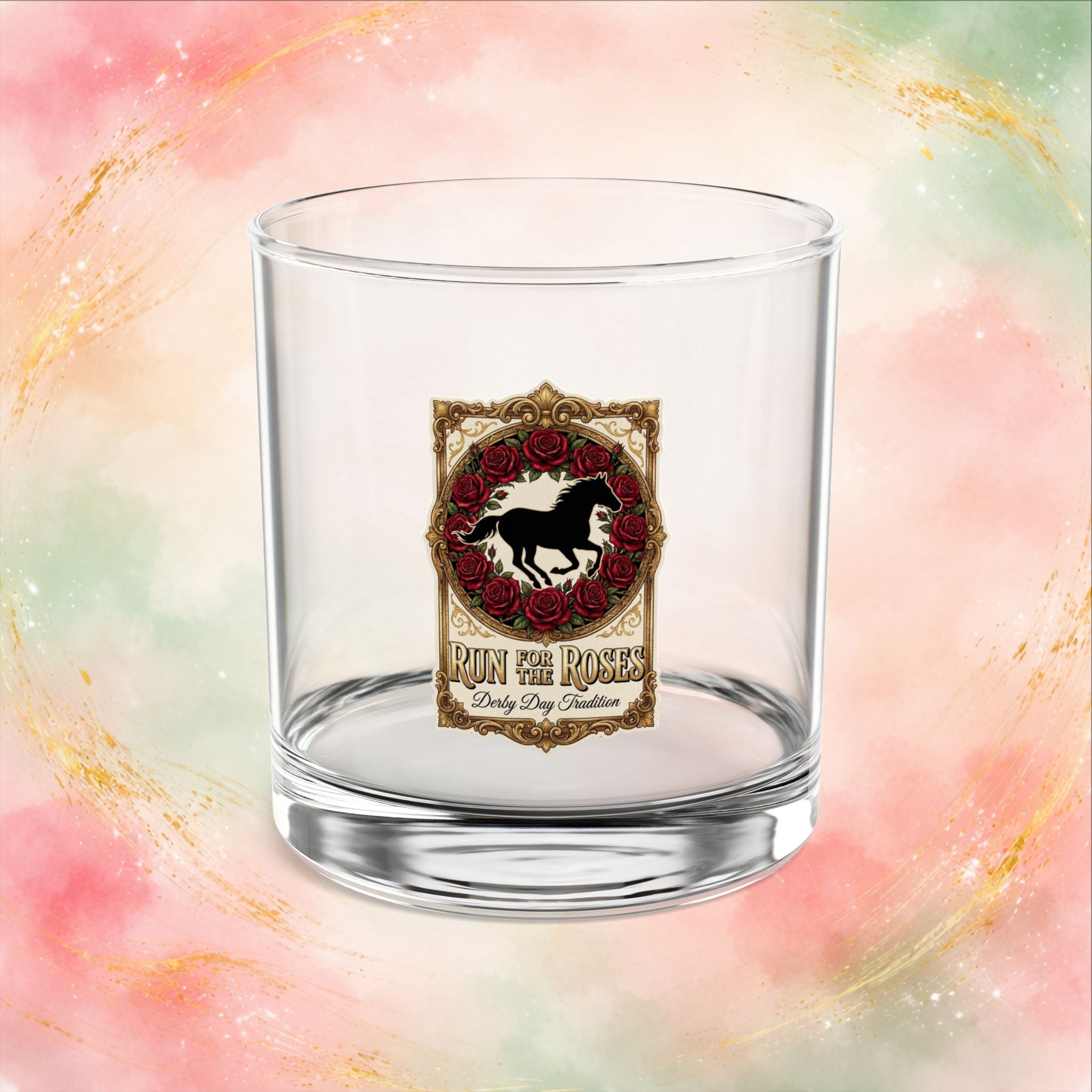 Run for the Roses Rocks Glass 10oz, Derby Day Bourbon Glass, Vintage Horse Whiskey Glass
