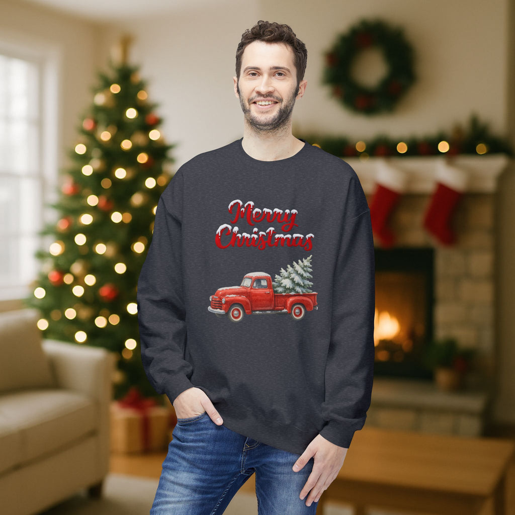 Merry Christmas Red Vintage Truck Sweatshirt – Cozy Holiday Crewneck with Christmas Tree Design