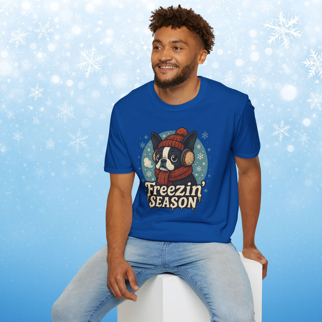 Freezin’ Season Boston Terrier Winter T-Shirt – Cute Dog Lover Tee, Cozy Holiday Graphic Shirt