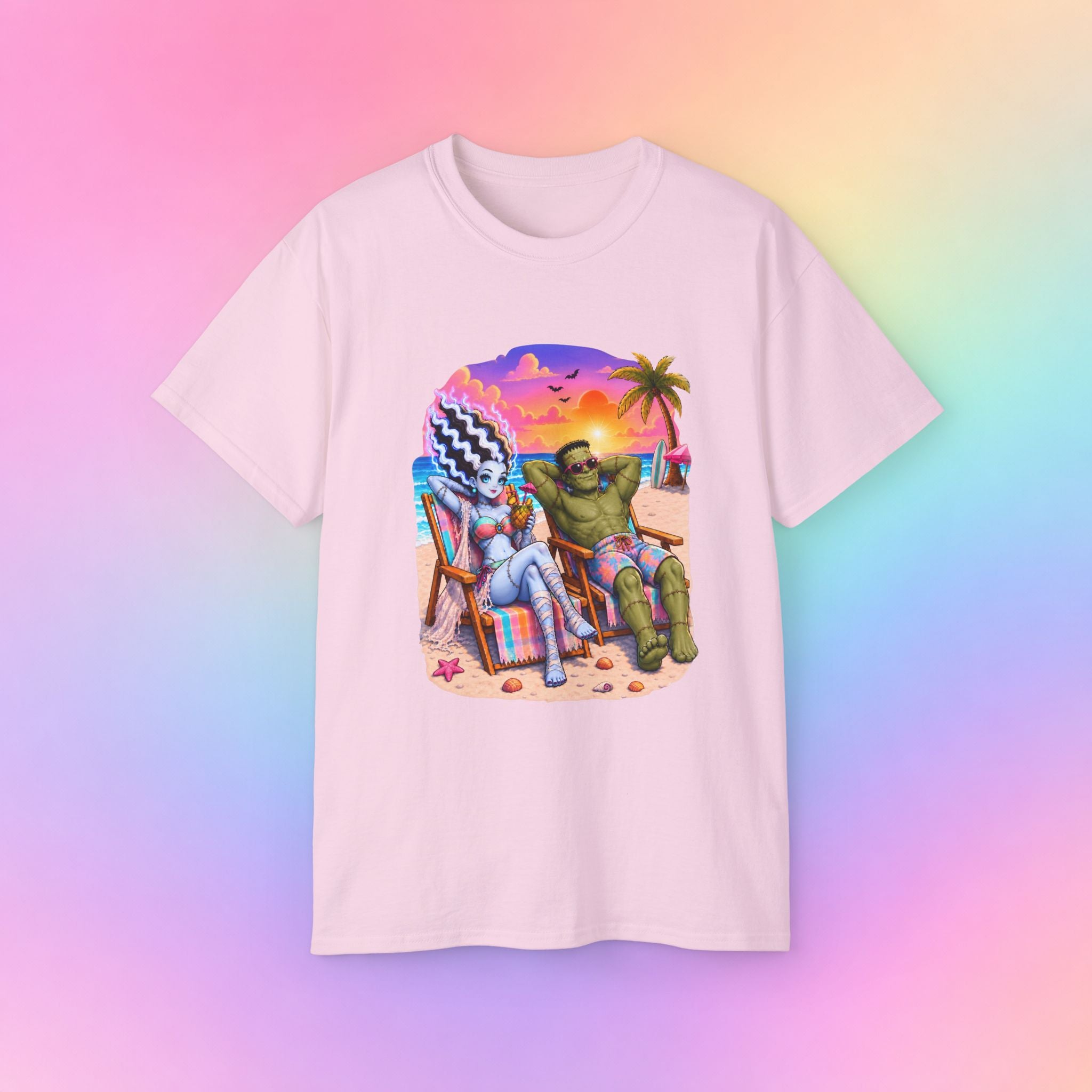 Summerween Monster Beach Couple Shirt | Spooky Summer Halloween Tropical Design