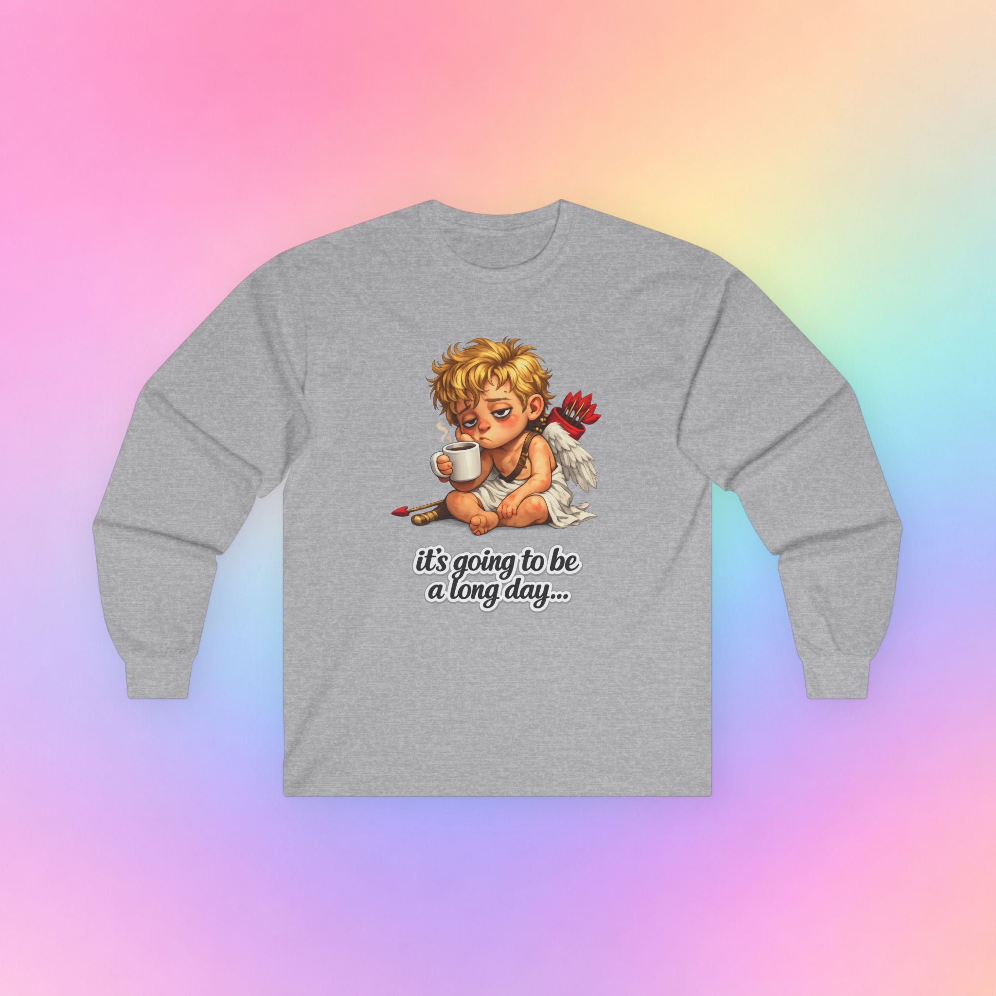 It’s Going to Be a Long Day Cupid Long Sleeve Shirt – Funny Valentine’s Day Coffee Angel Tee