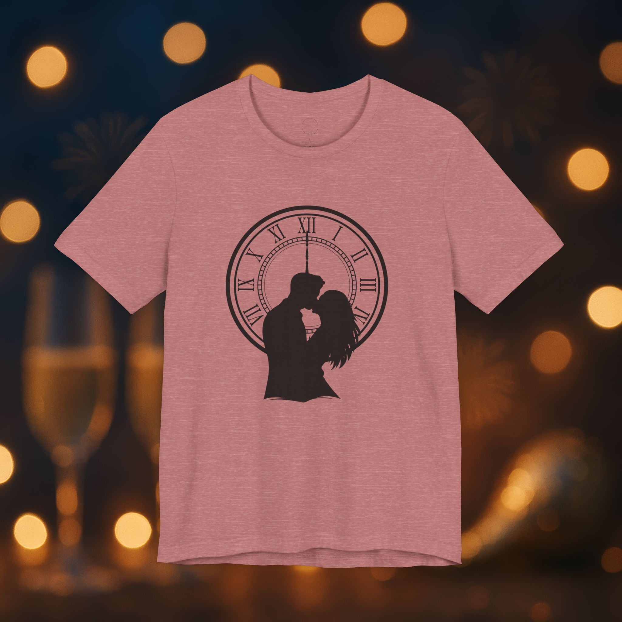 Midnight Kiss New Year’s Eve T-Shirt – Romantic Clock Silhouette Celebration Tee
