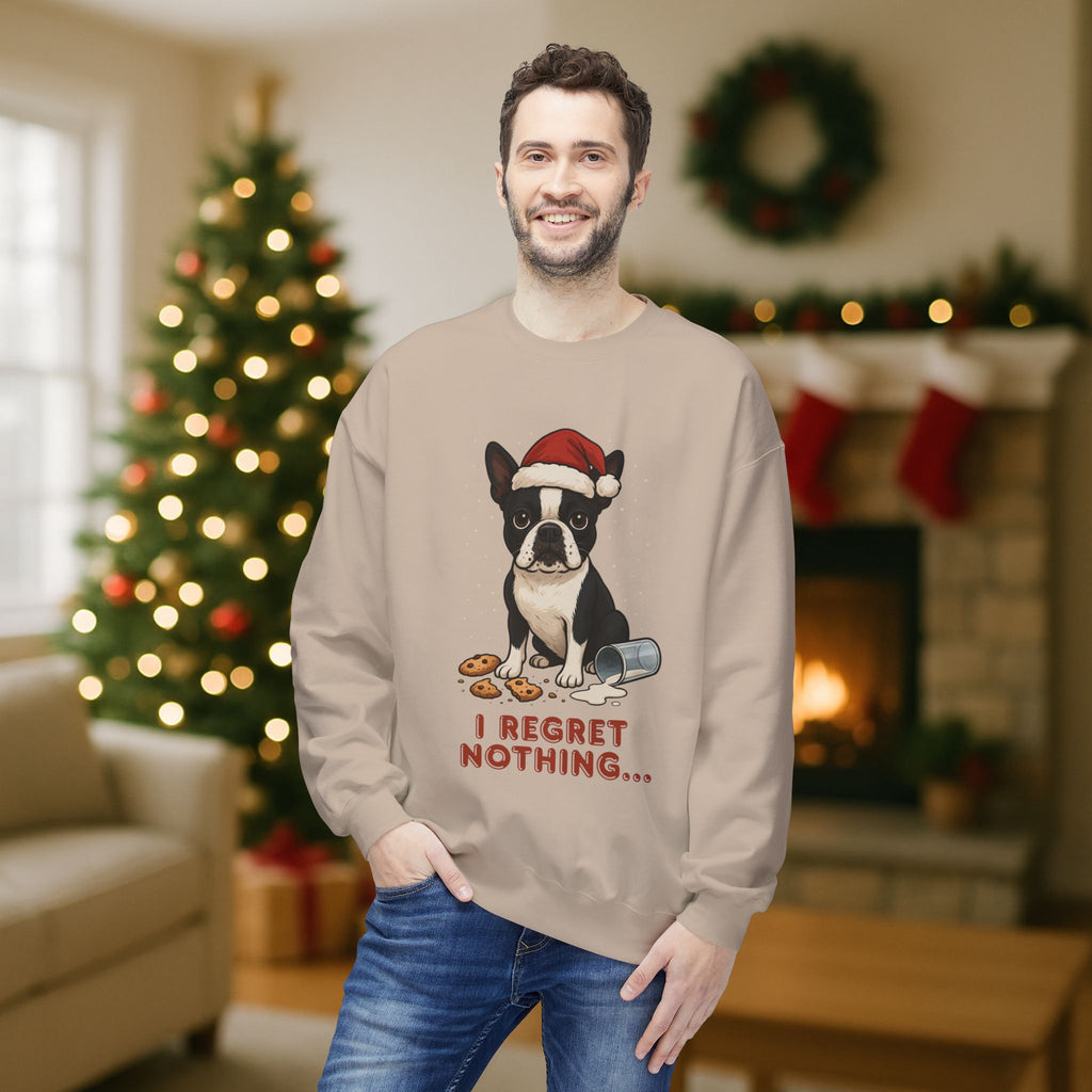 Boston Terrier “I Regret Nothing” Christmas Sweatshirt – Funny Holiday Dog Cookie Shirt
