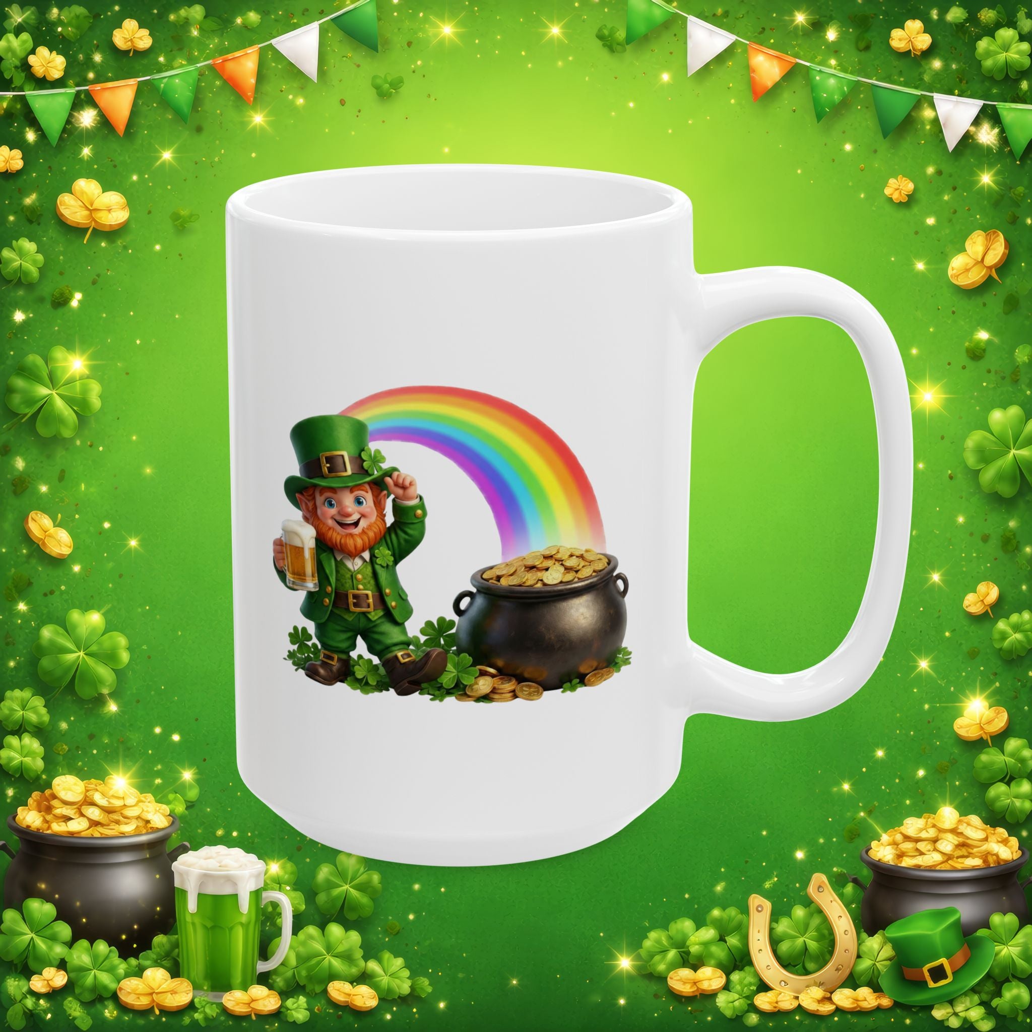 Lucky Leprechaun Rainbow Gold St. Patrick’s Day Coffee Mug | Irish Beer & Shamrock Cup