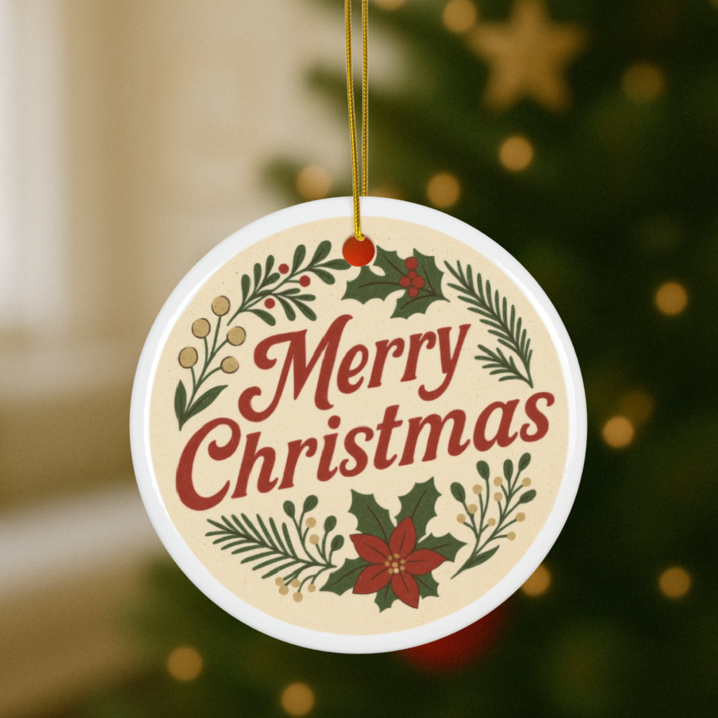 Vintage “Merry Christmas” Ornament – Classic Holiday Round Ceramic Keepsake