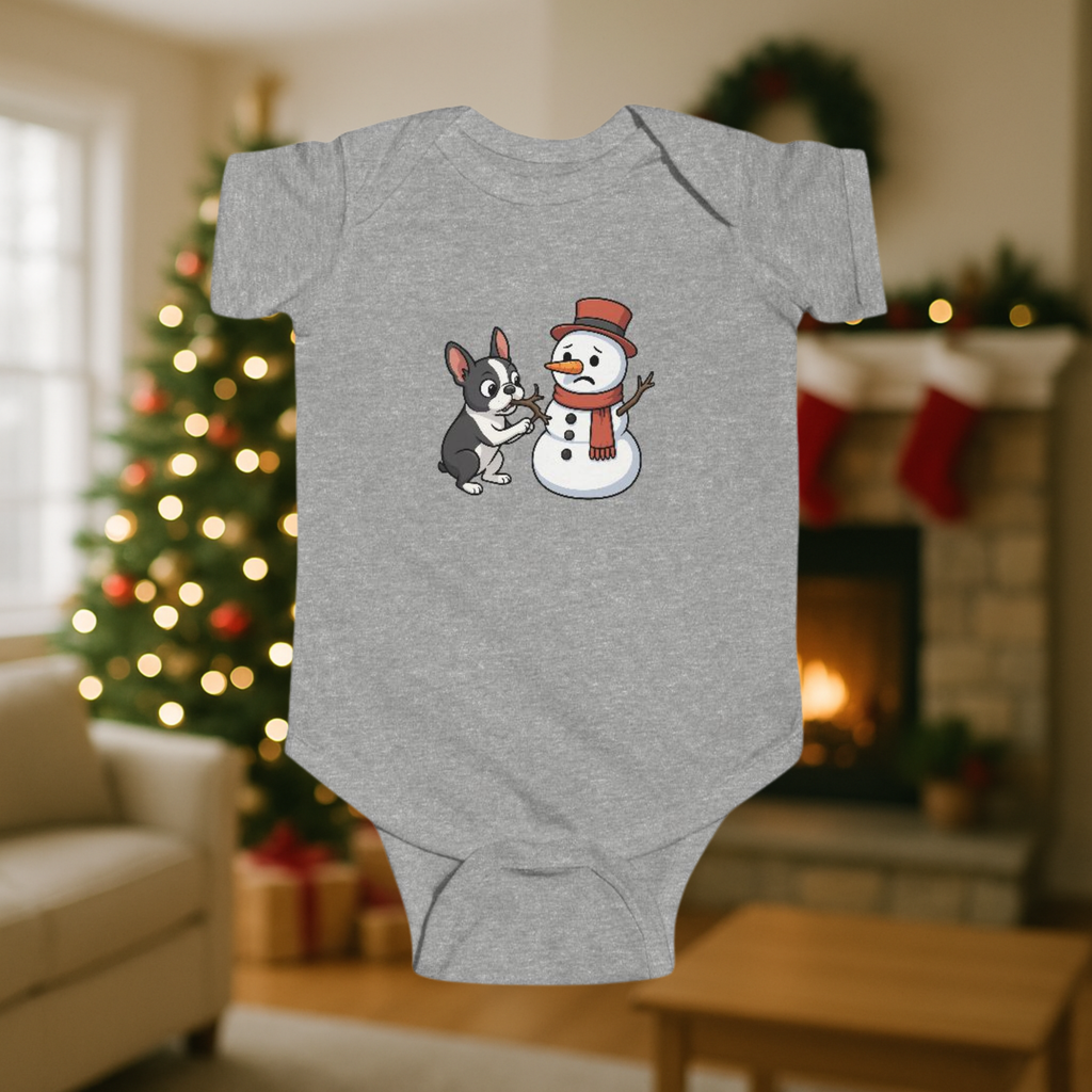 Boston Terrier & Snowman Christmas Baby Bodysuit
