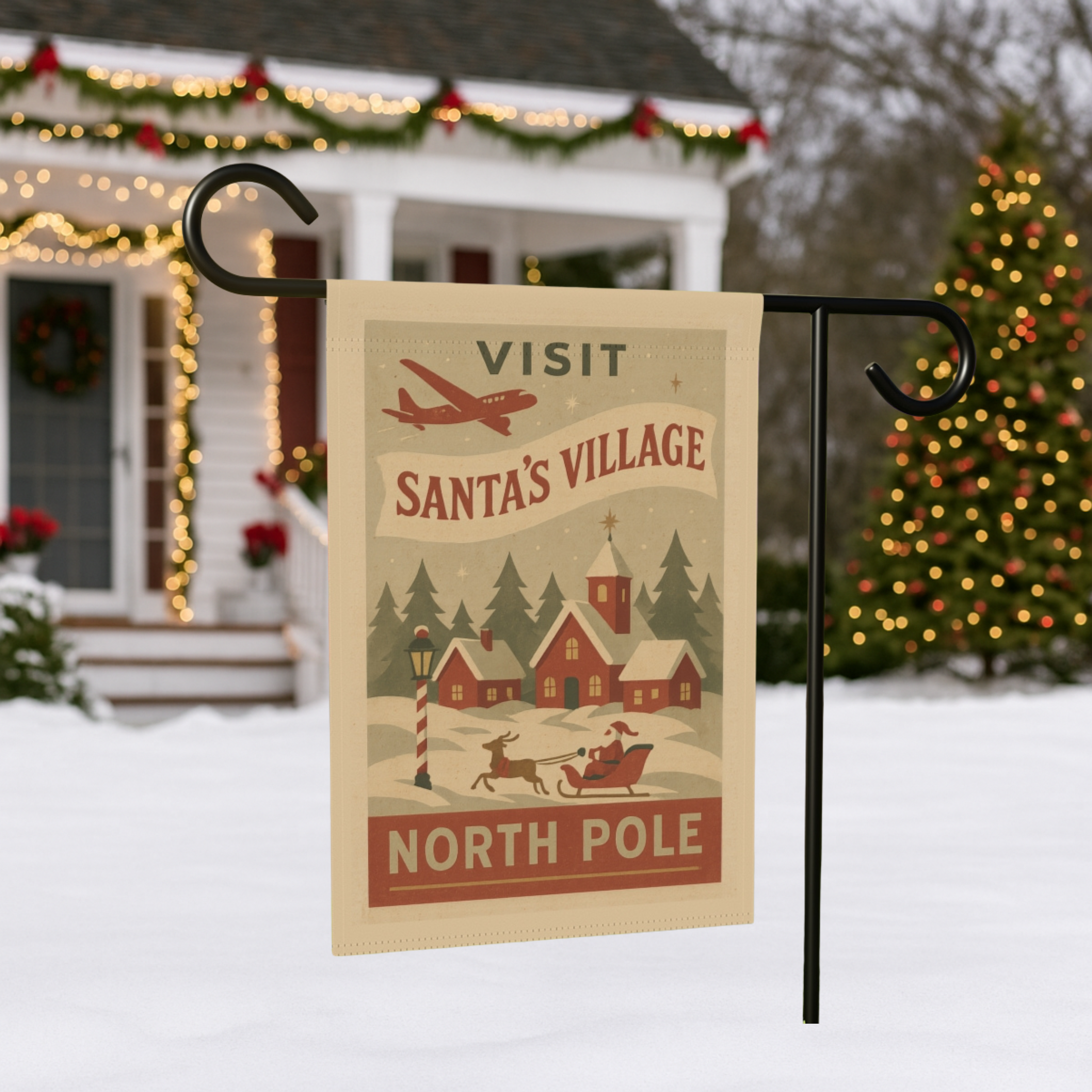 Vintage “Visit Santa’s Village” Christmas Garden Flag – North Pole Holiday Decor