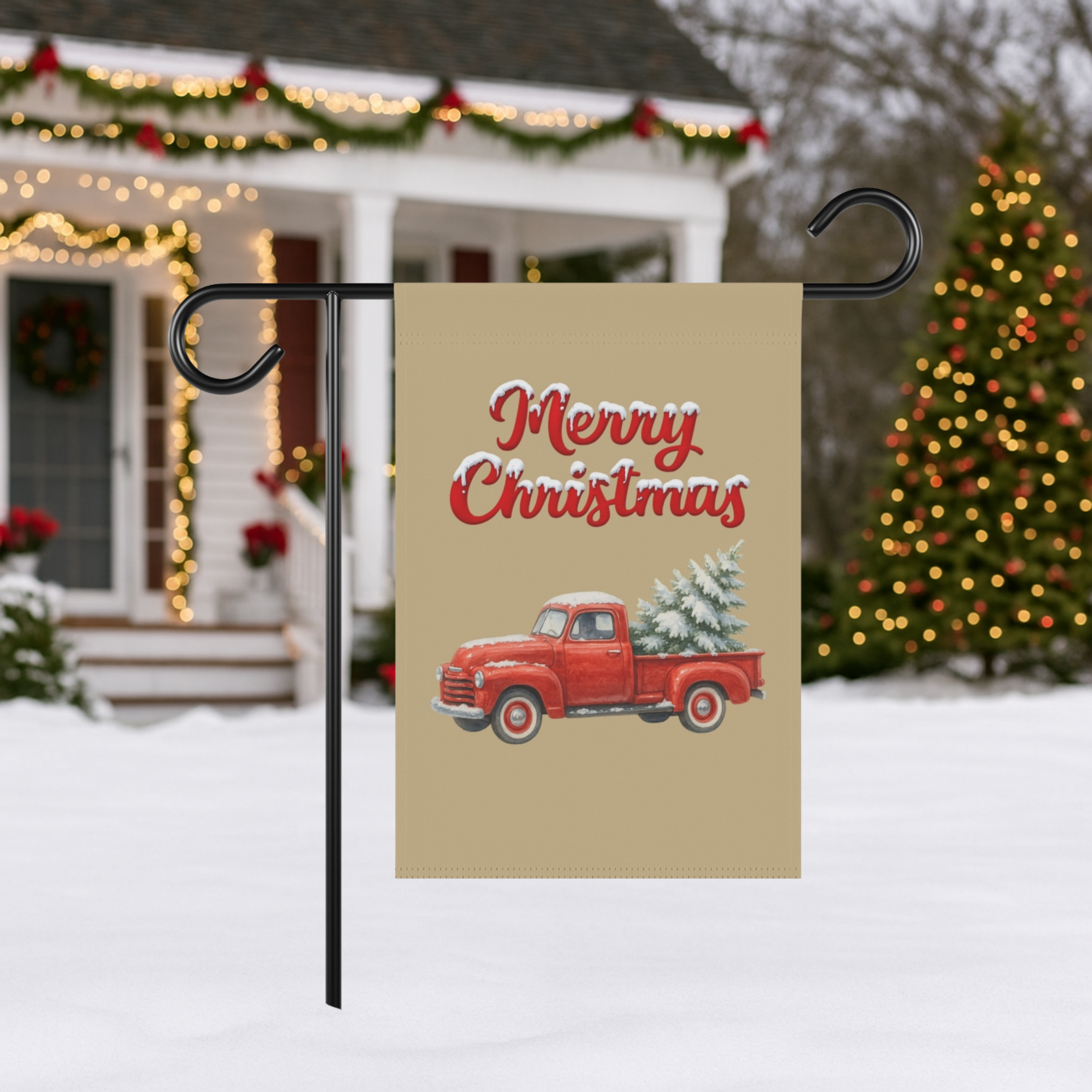 Merry Christmas Red Vintage Truck Garden Flag – Vintage Christmas Yard Decoration with Tree Farm Truck