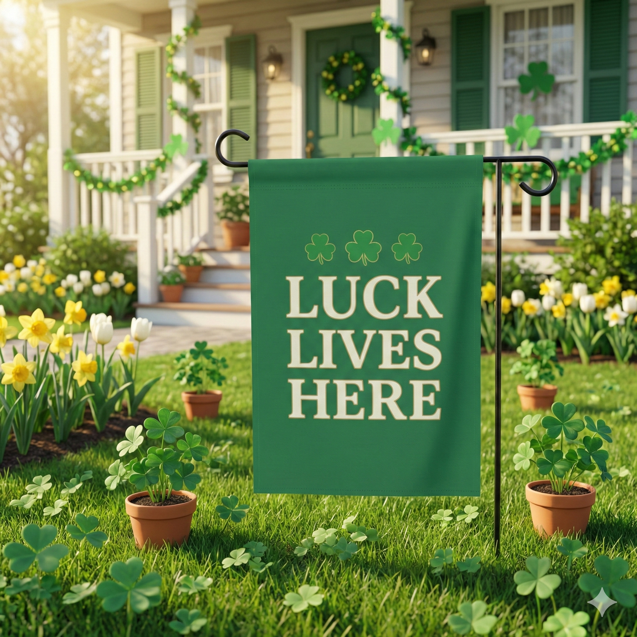 Luck Lives Here Garden Flag – St. Patrick’s Day Shamrock Yard Decor – Irish Holiday Outdoor House Flag