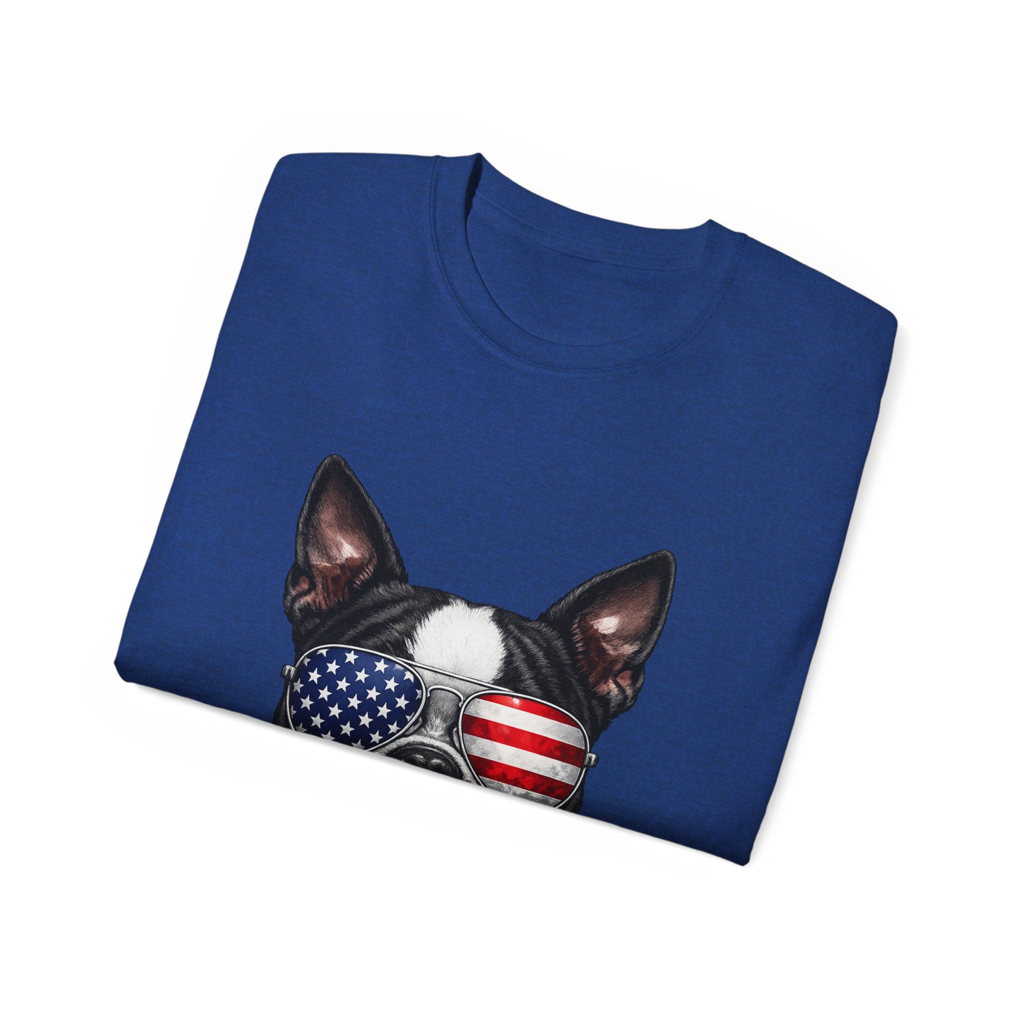 Patriotic Boston Terrier 4th of July T-Shirt | American Flag Dog Sunglasses Tee