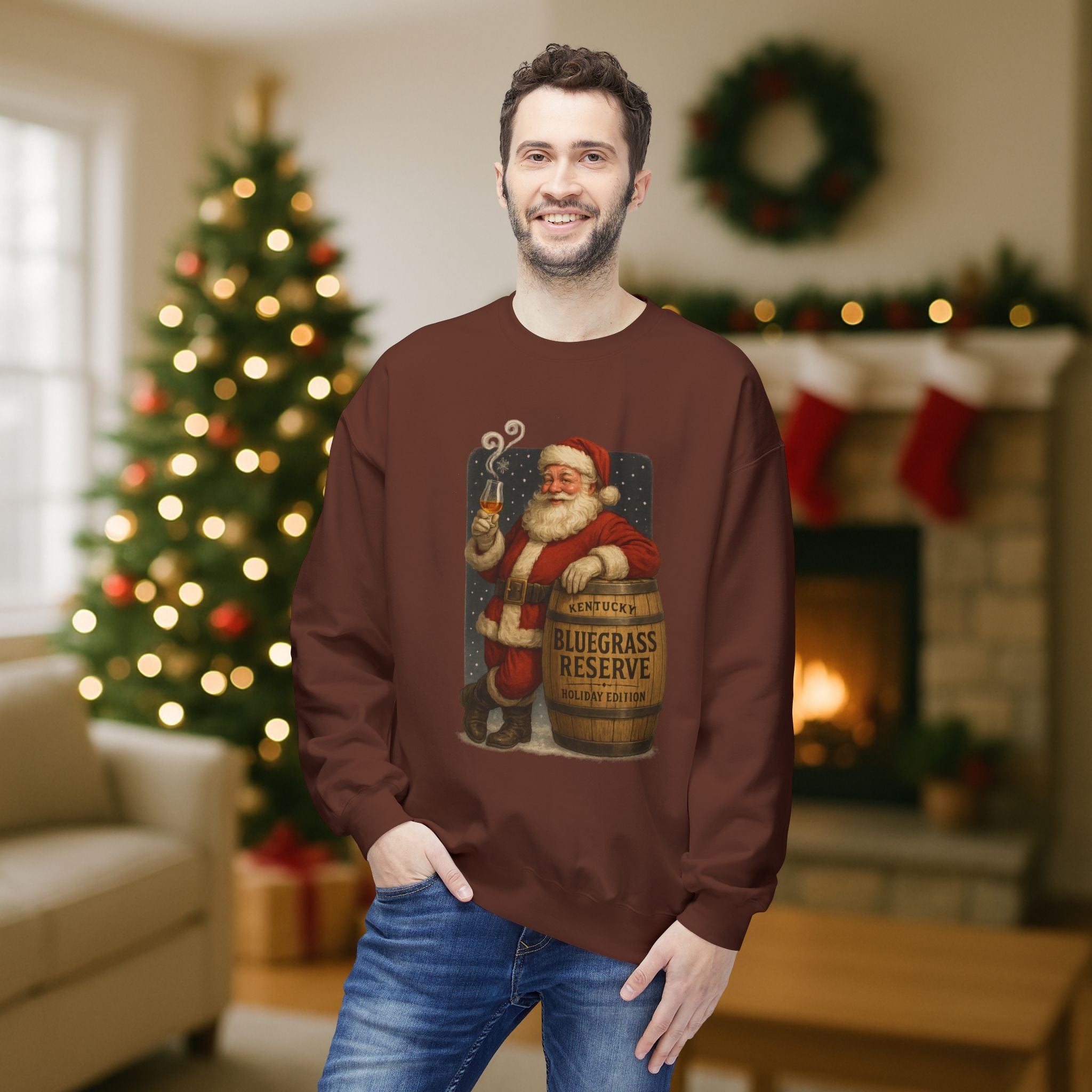 Kentucky “Bluegrass Reserve” Santa Bourbon Christmas Sweatshirt – Vintage Holiday Distillery Graphic