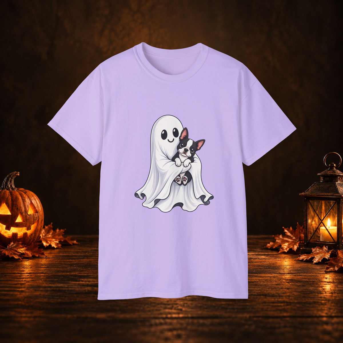 Cute Ghost & Boston Terrier Halloween T‑Shirt