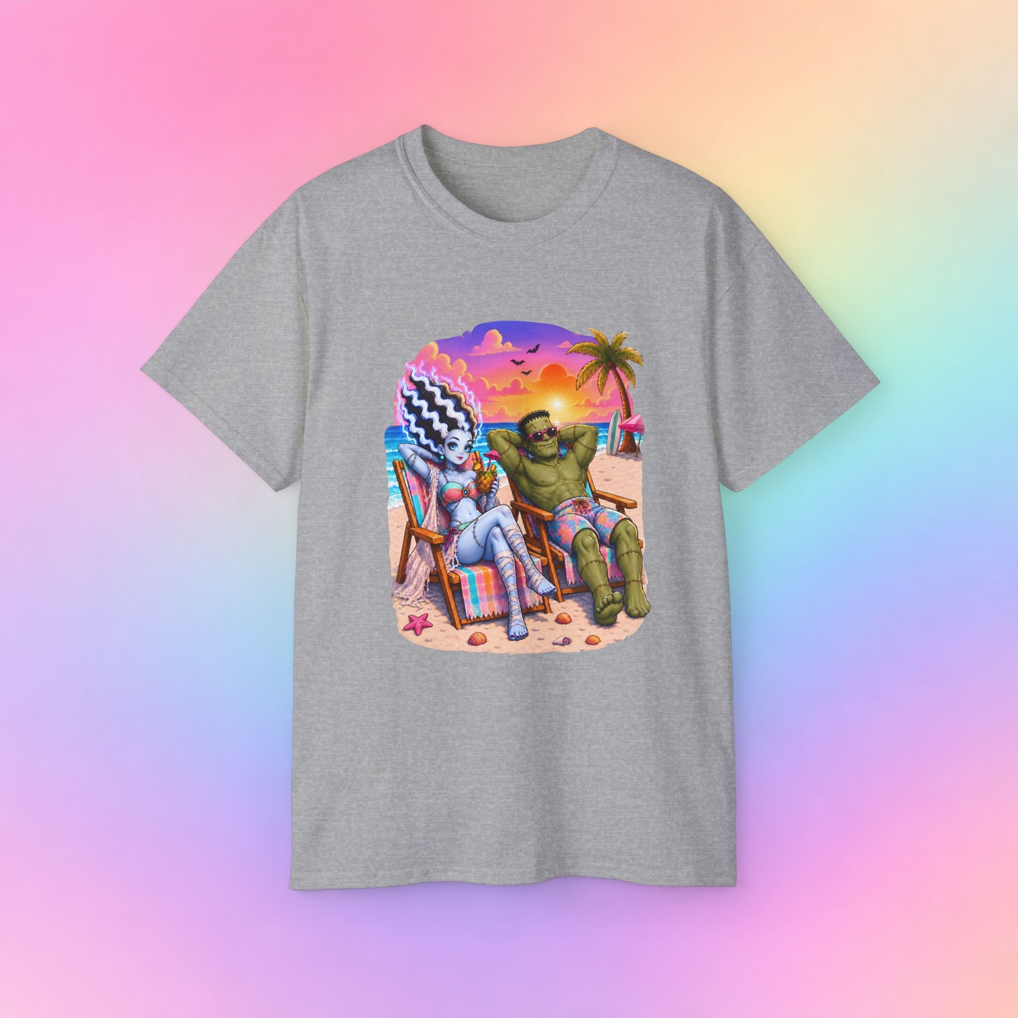 Summerween Monster Beach Couple Shirt | Spooky Summer Halloween Tropical Design