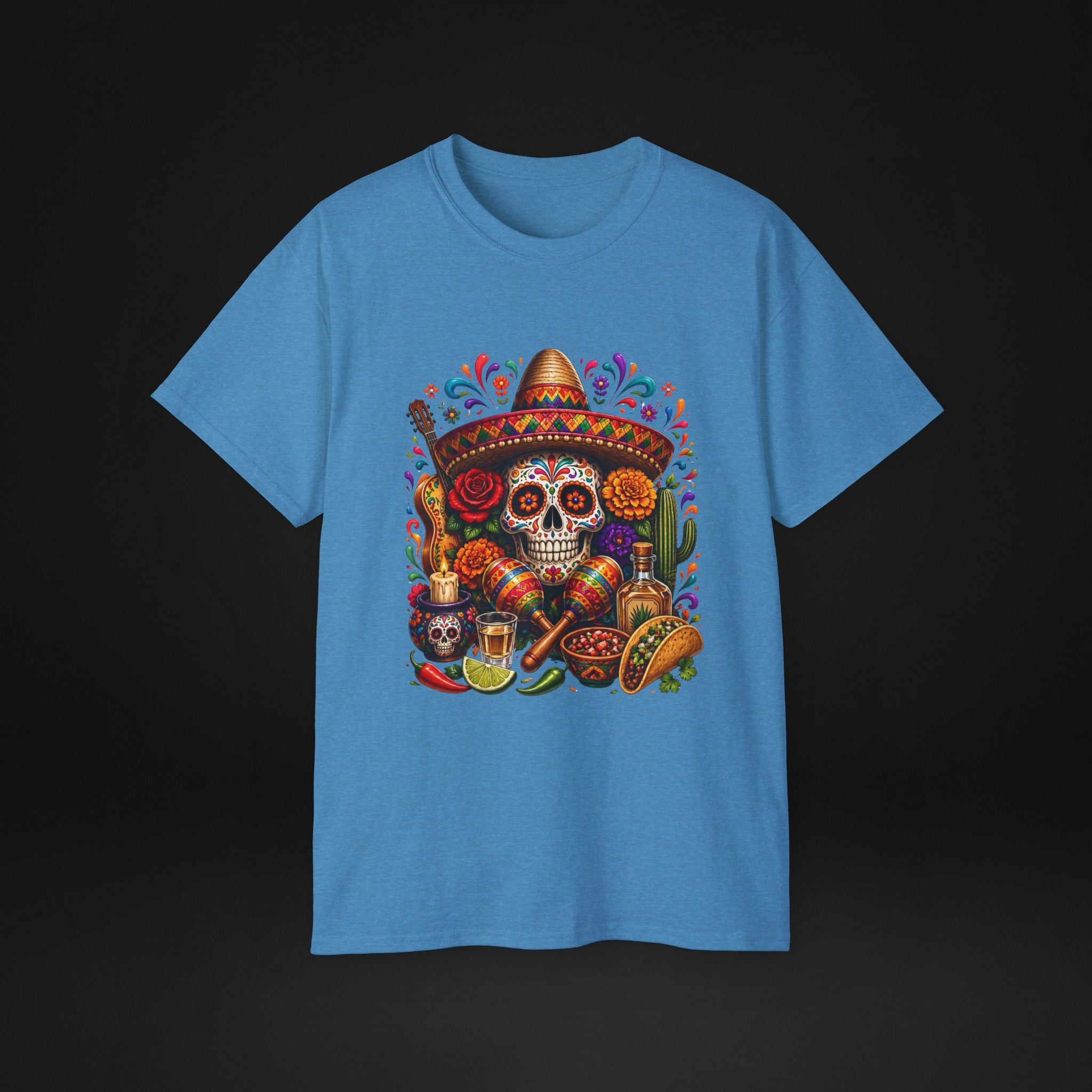 Cinco de Mayo Sugar Skull T-Shirt – Fiesta Sombrero Taco & Tequila Graphic Tee