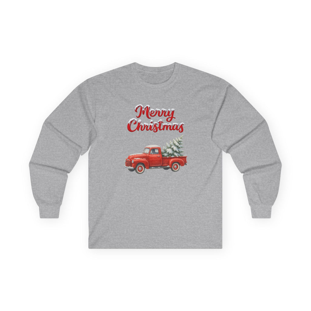 Merry Christmas Red Vintage Truck Long Sleeve T-Shirt – Classic Holiday Graphic Tee with Christmas Trees