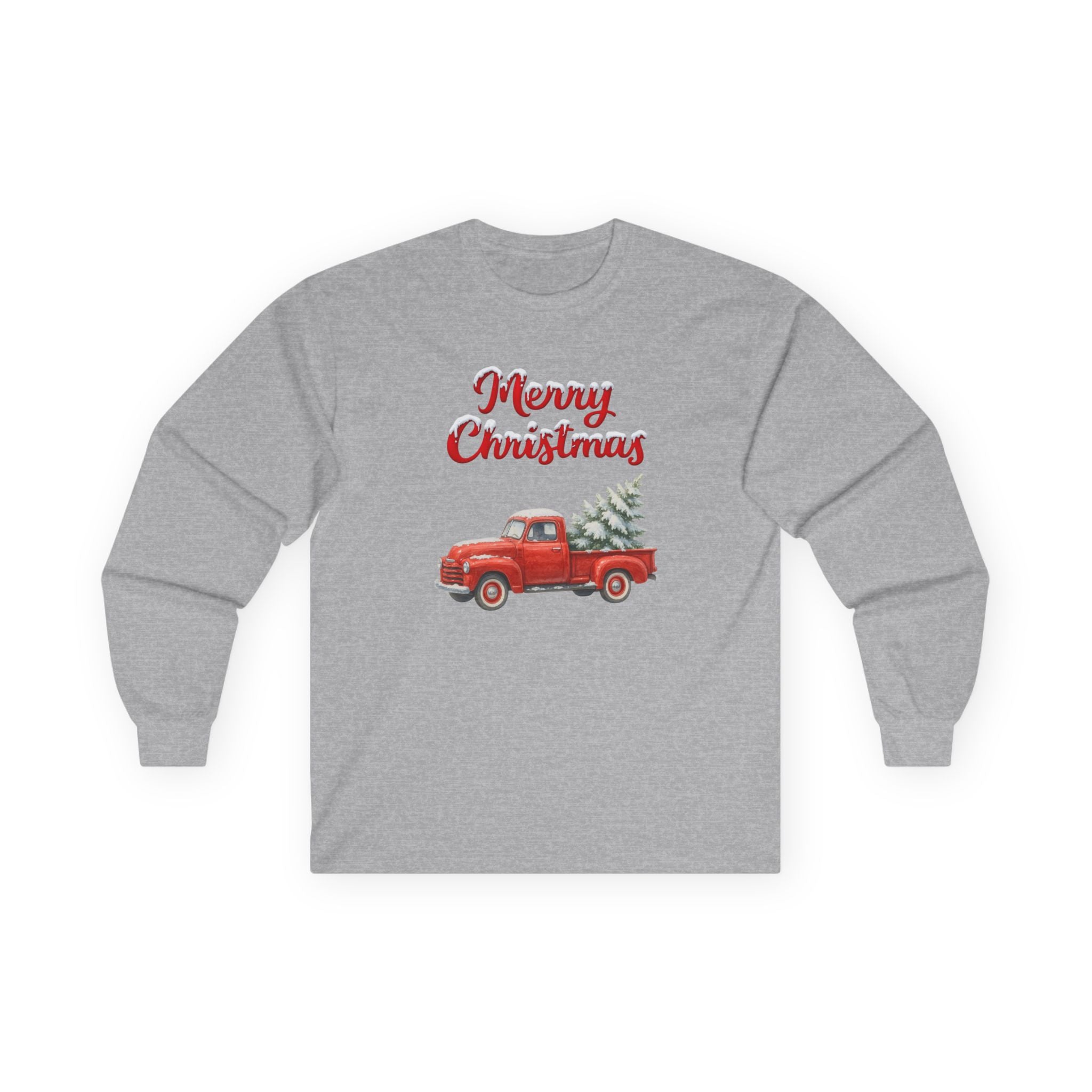 Merry Christmas Red Vintage Truck Long Sleeve T-Shirt – Classic Holiday Graphic Tee with Christmas Trees