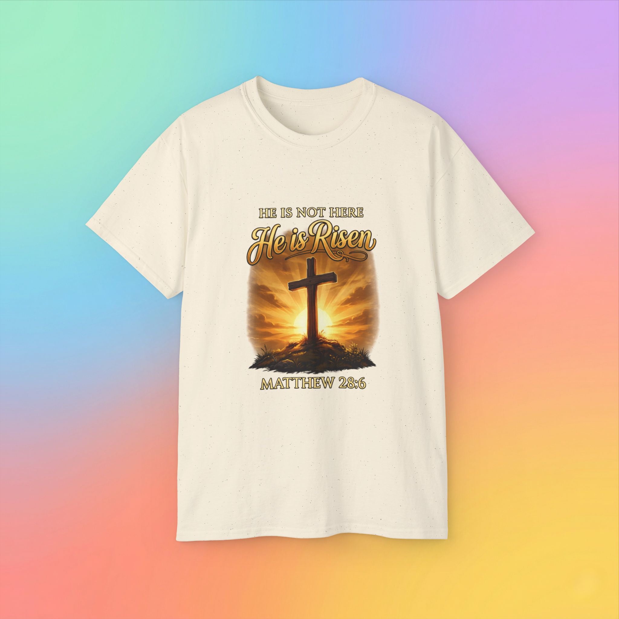 Christian Easter Shirt – He Is Risen Matthew 28:6 Cross Resurrection T-Shirt Faith-Based Easter Apparel
