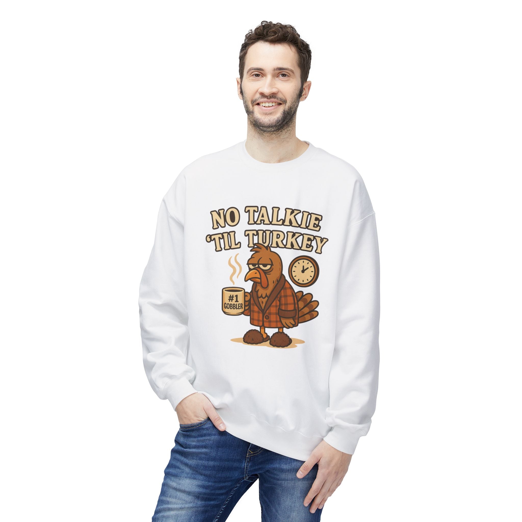 “No Talkie ‘Til Turkey” Funny Thanksgiving Coffee Sweatshirt
