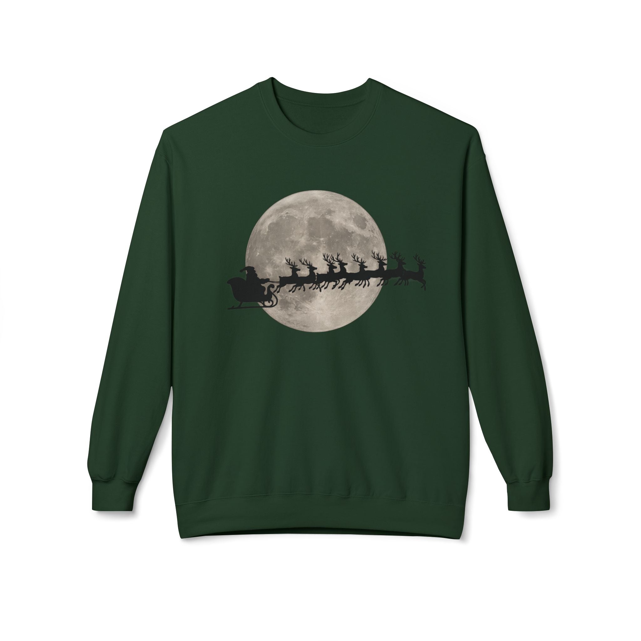 Silent Night Flight — Santa and Reindeer Full Moon Christmas Sweatshirt