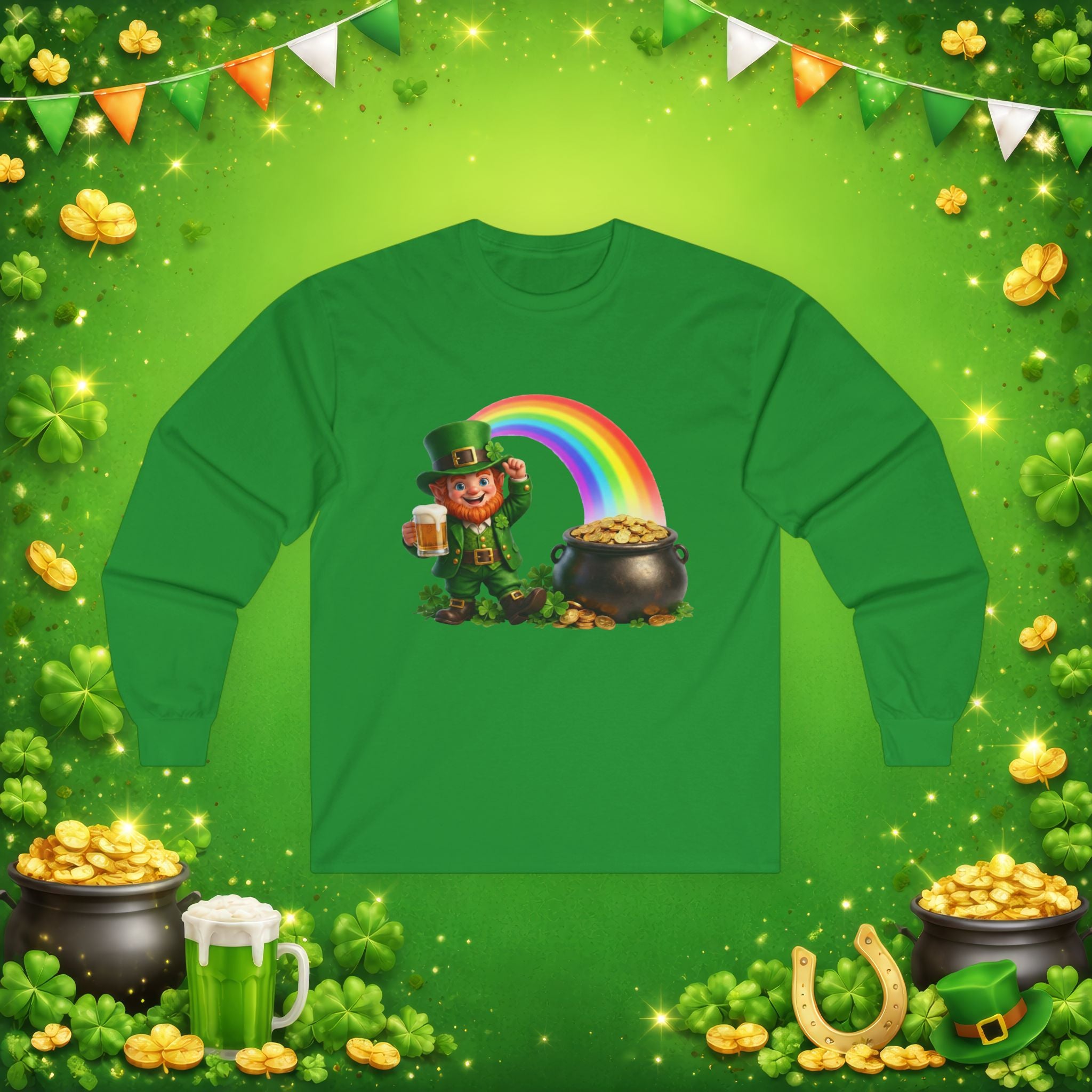 Lucky Leprechaun Rainbow Gold St. Patrick’s Day Long Sleeve T-Shirt | Irish Beer Tee