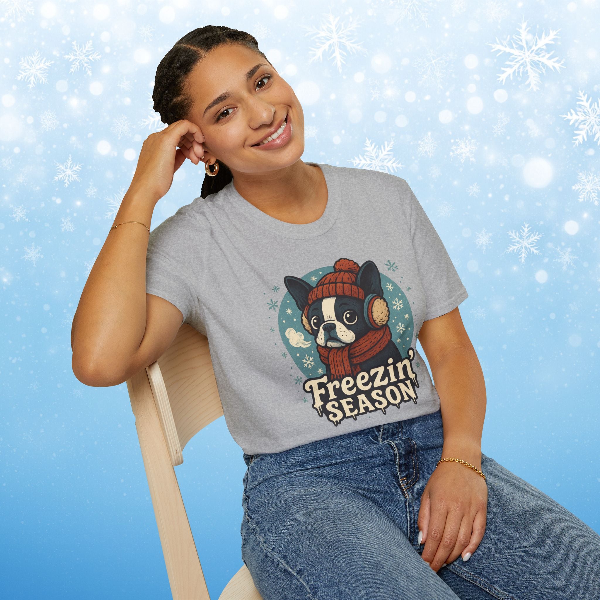 Freezin’ Season Boston Terrier Winter T-Shirt – Cute Dog Lover Tee, Cozy Holiday Graphic Shirt