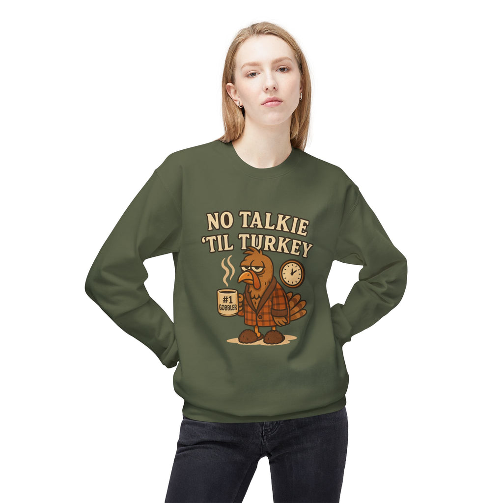 “No Talkie ‘Til Turkey” Funny Thanksgiving Coffee Sweatshirt