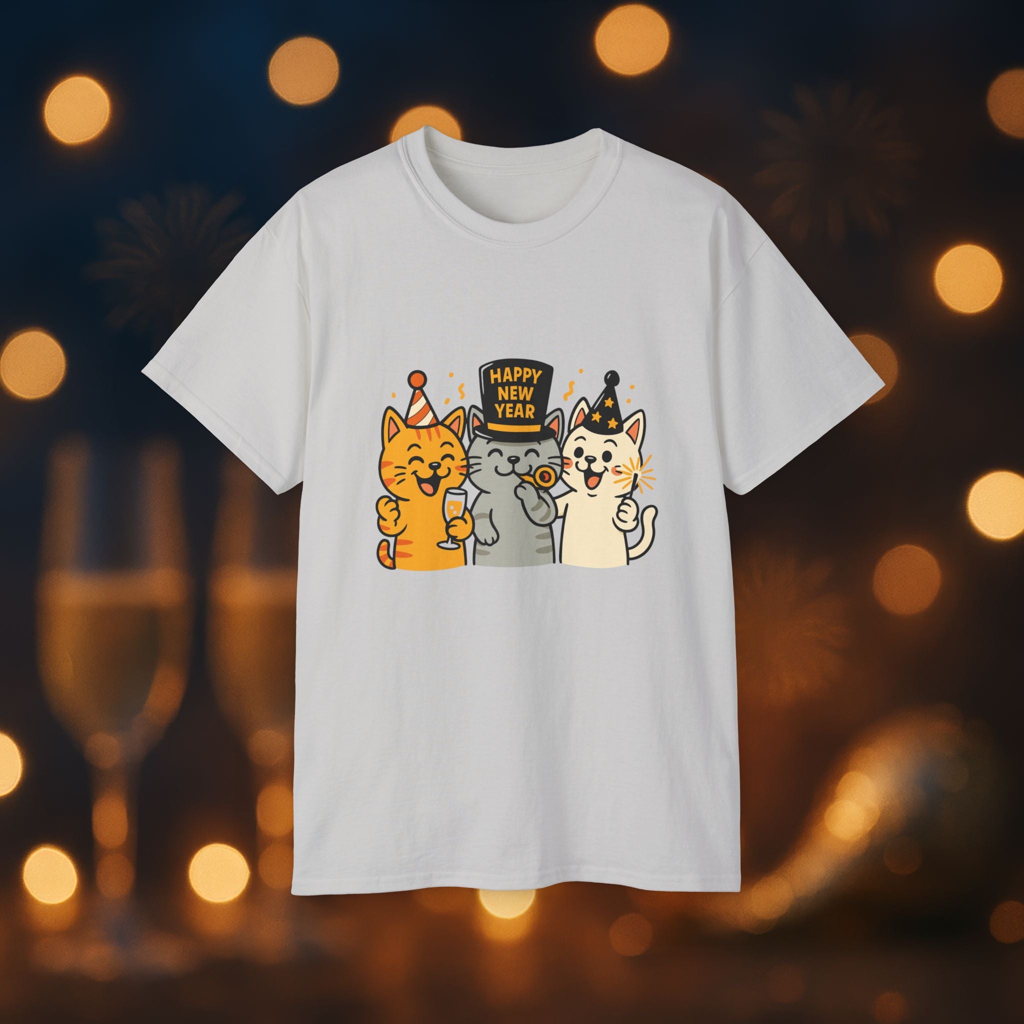 Happy New Year Cats T-Shirt – Cute Party Cats Tee | New Year’s Eve Cat Lover Shirt