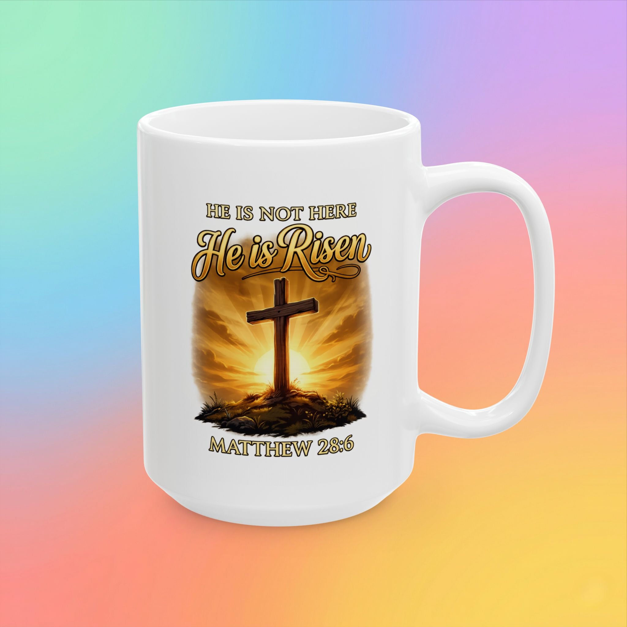 He Is Risen Coffee Mug – Matthew 28:6 Christian Easter Mug Religious Cross Sunrise Cup Faith-Based Gift